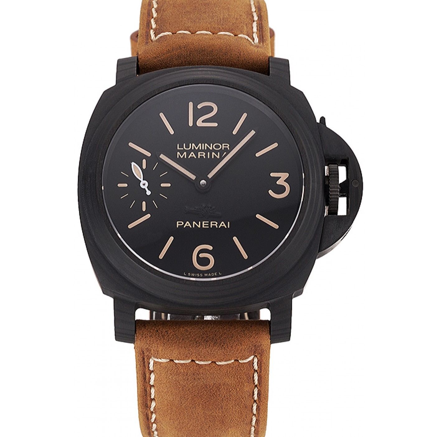 MiroTime Swiss Panerai Luminor Marina Black Dial Black Case Brown Leather Strap