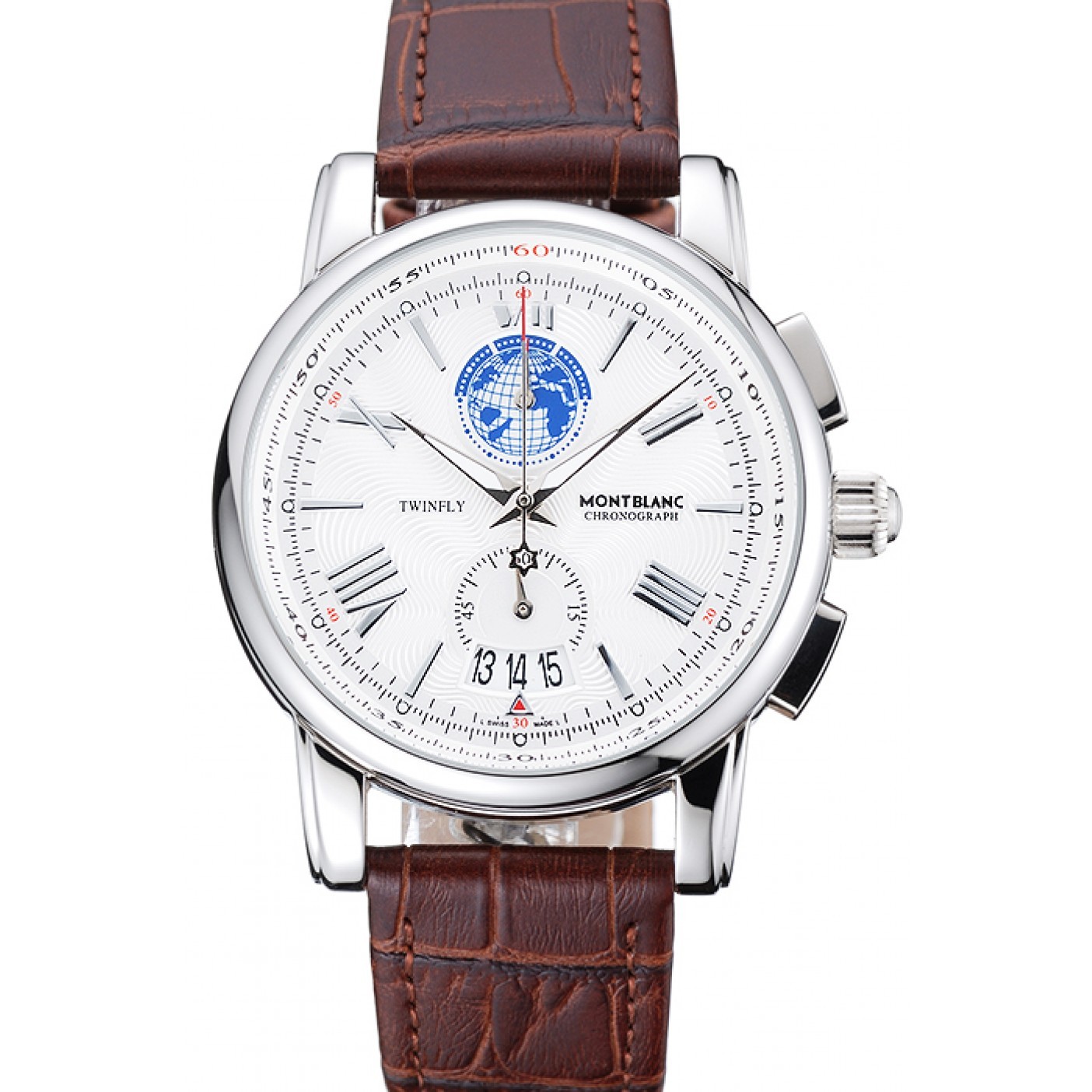 MiroTime Montblanc Twinfly Chronograph White Dial Brown Leather Bracelet 1454117