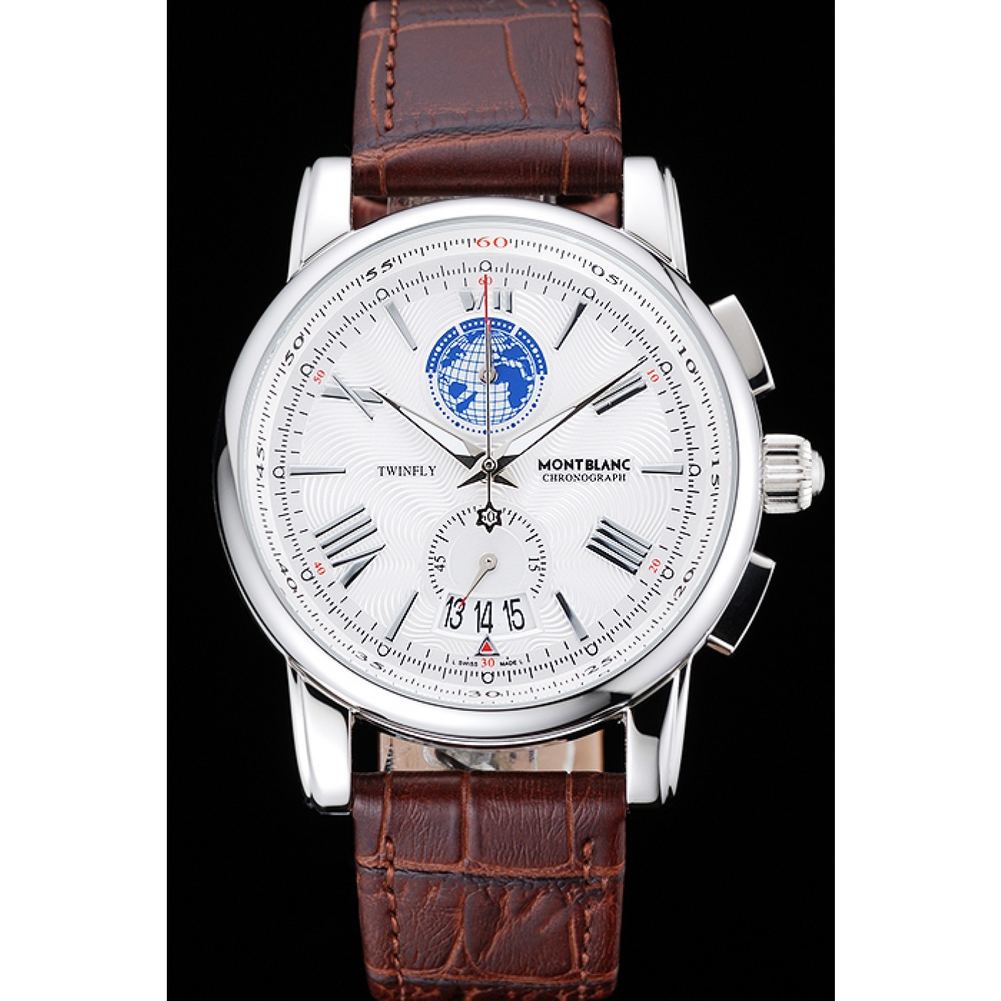 MiroTime Montblanc Twinfly Chronograph White Dial Brown Leather Bracelet 1454117