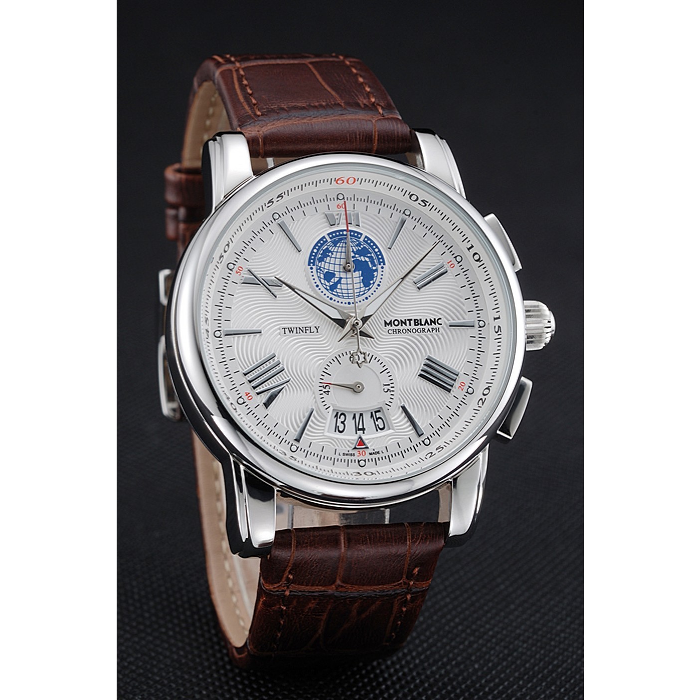 MiroTime Montblanc Twinfly Chronograph White Dial Brown Leather Bracelet 1454117