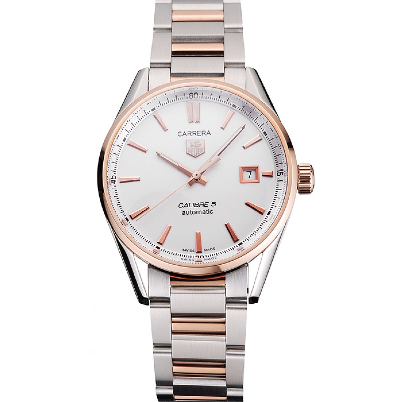MiroTime Swiss Tag Heuer Carrera Calibre 5 White Dial Rose Gold Case Two Tone Bracelet