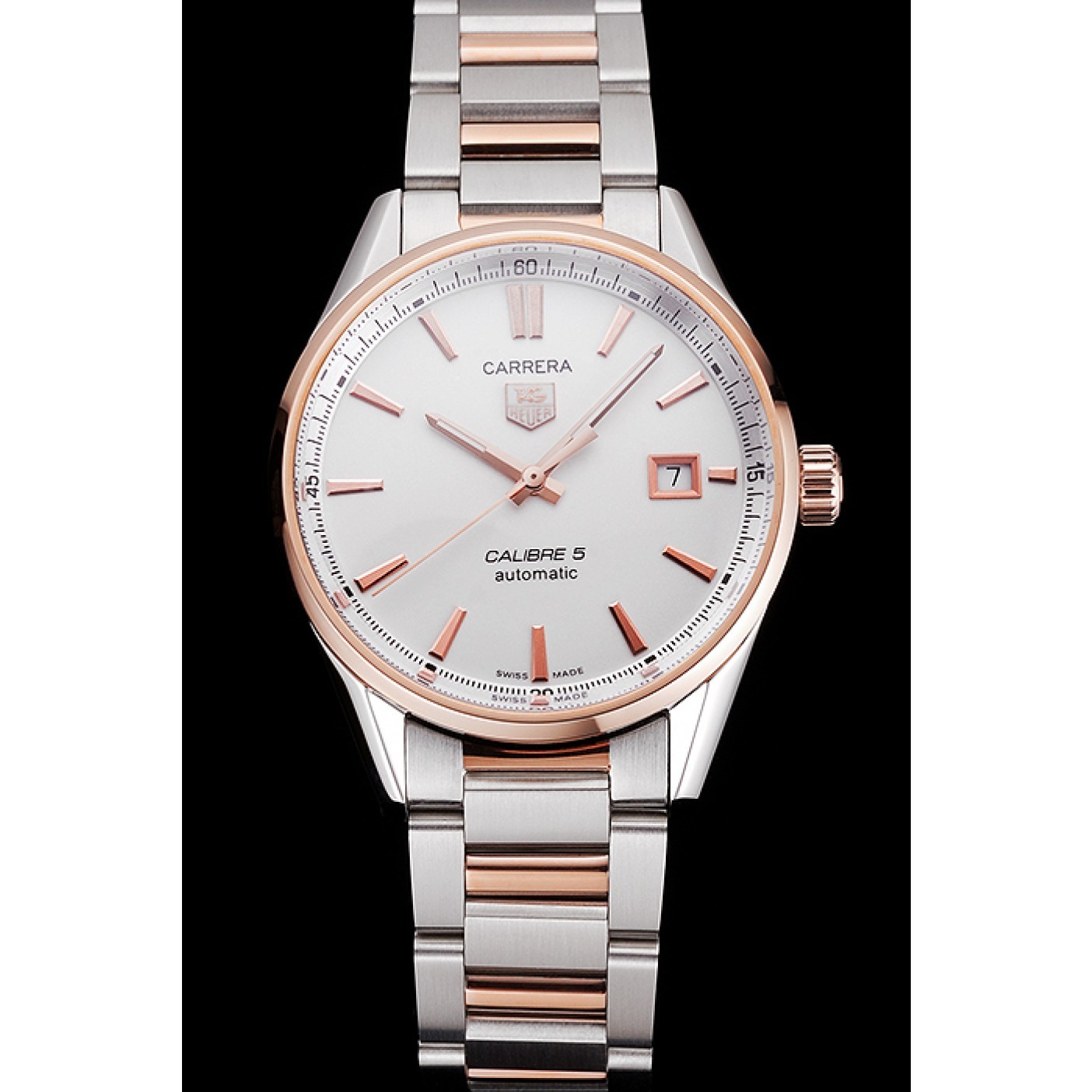 MiroTime Swiss Tag Heuer Carrera Calibre 5 White Dial Rose Gold Case Two Tone Bracelet