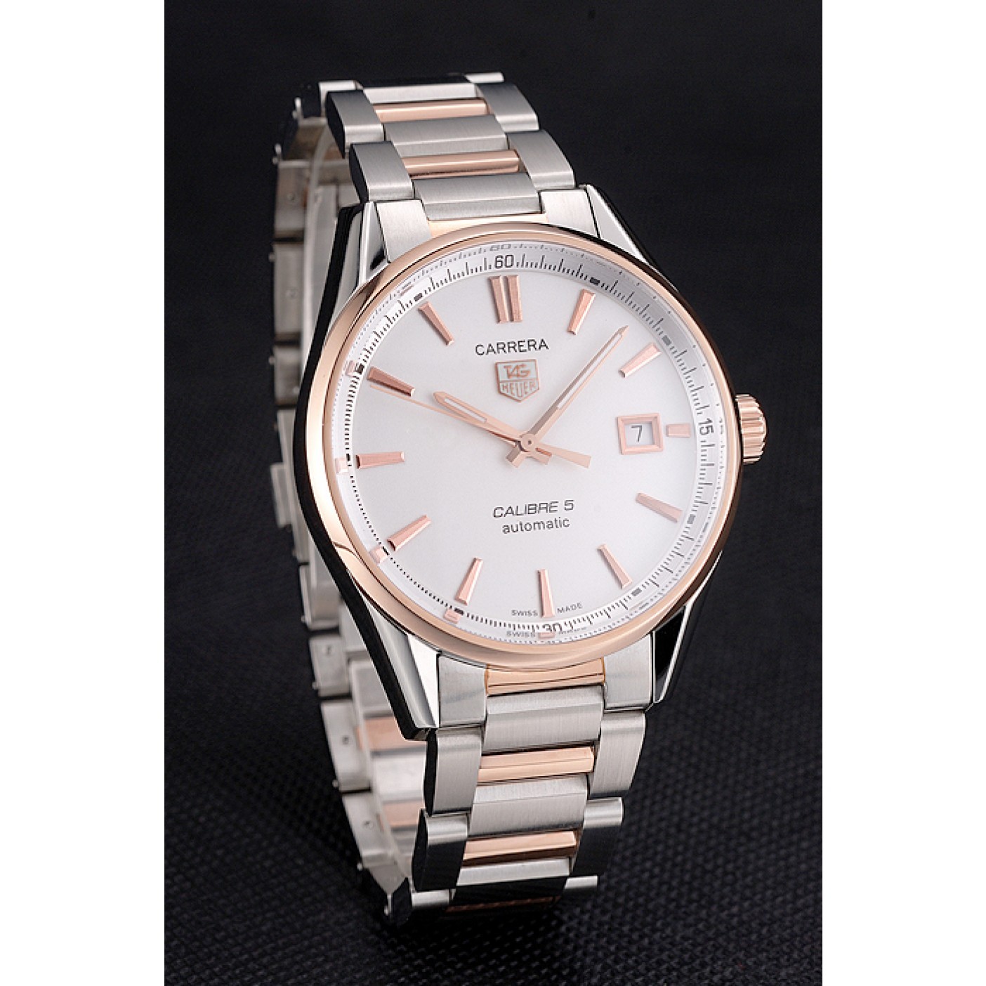 MiroTime Swiss Tag Heuer Carrera Calibre 5 White Dial Rose Gold Case Two Tone Bracelet