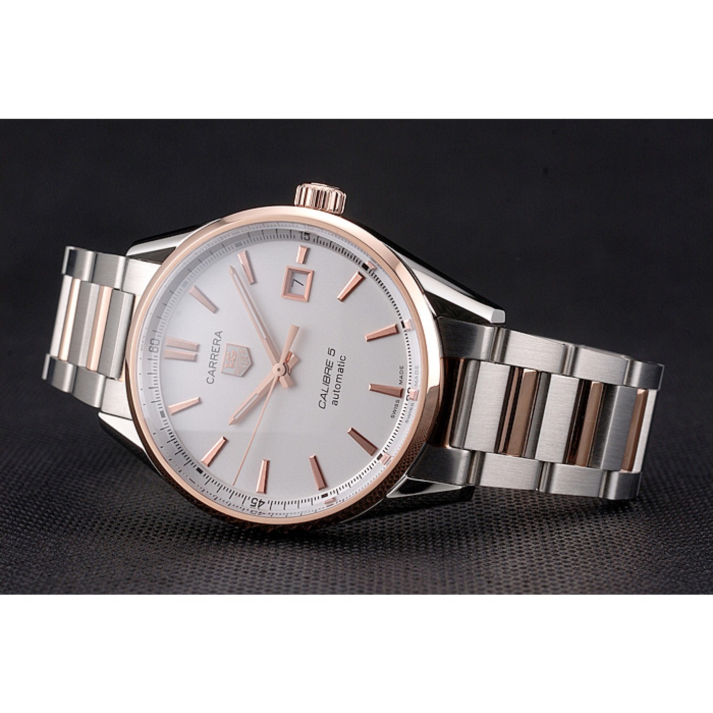 MiroTime Swiss Tag Heuer Carrera Calibre 5 White Dial Rose Gold Case Two Tone Bracelet