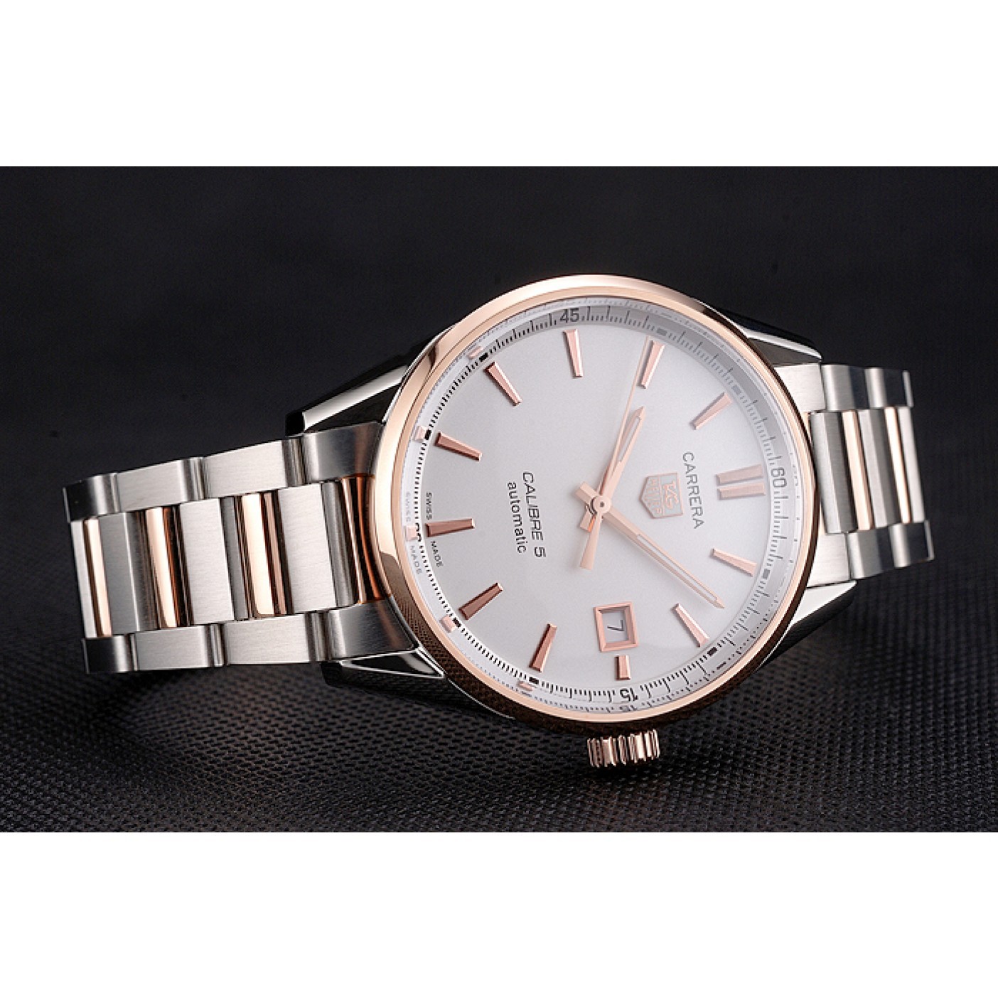 MiroTime Swiss Tag Heuer Carrera Calibre 5 White Dial Rose Gold Case Two Tone Bracelet