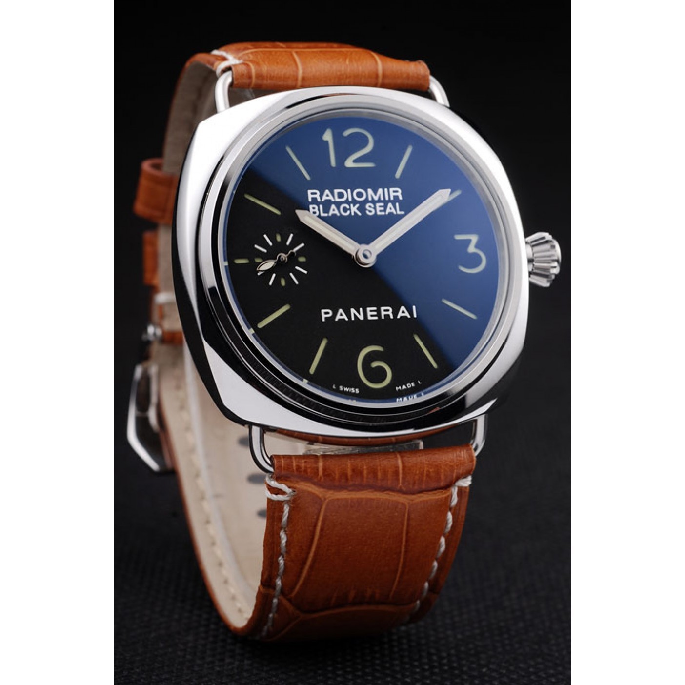 MiroTime Panerai Radiomir Polished Stainless Steel Case Black Dial Brown Leather Strap 98141