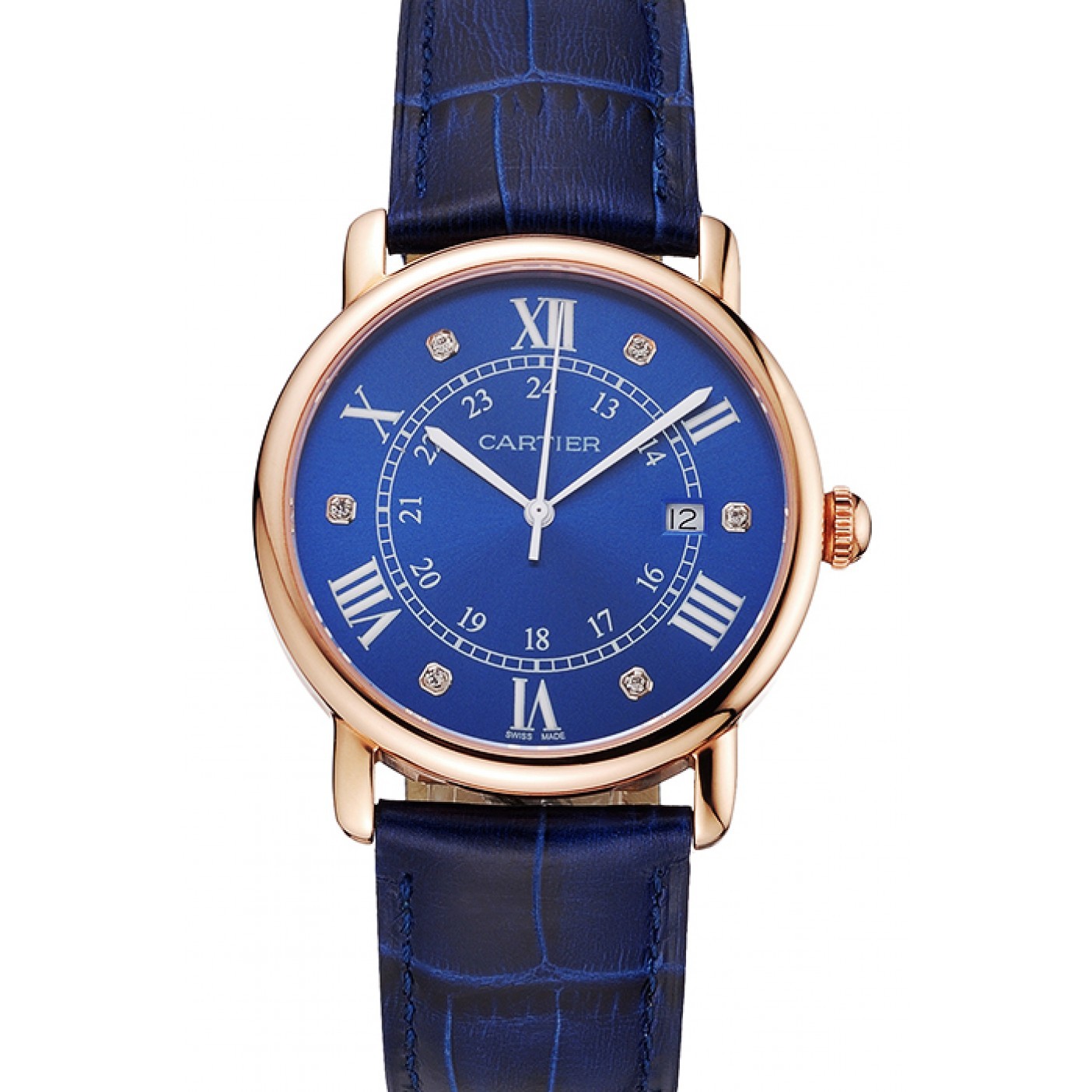 MiroTime Cartier Ronde Solo Blue Dial Diamond Hour Marks Rose Gold Case Blue Leather Strap