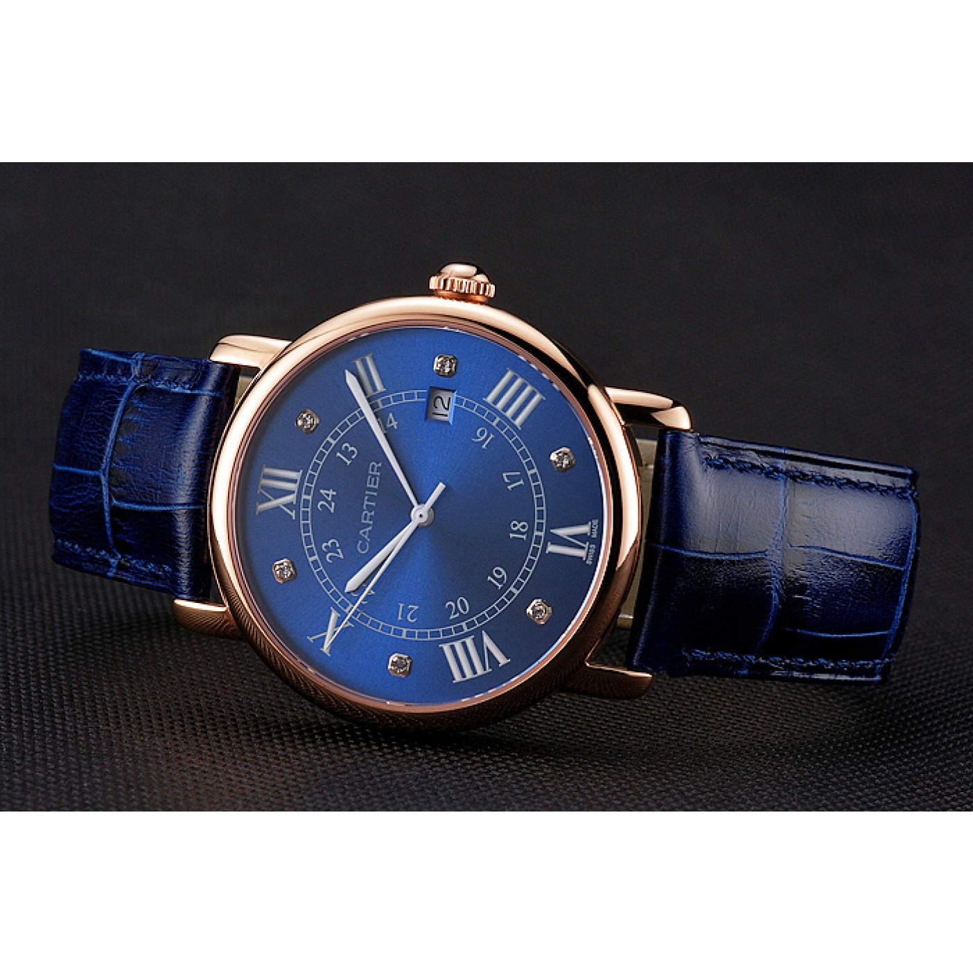 MiroTime Cartier Ronde Solo Blue Dial Diamond Hour Marks Rose Gold Case Blue Leather Strap