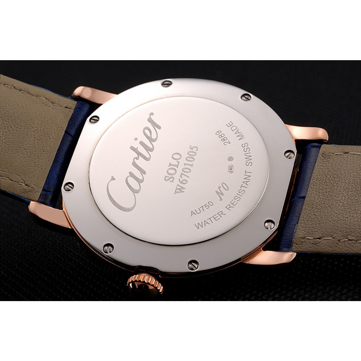 MiroTime Cartier Ronde Solo Blue Dial Diamond Hour Marks Rose Gold Case Blue Leather Strap