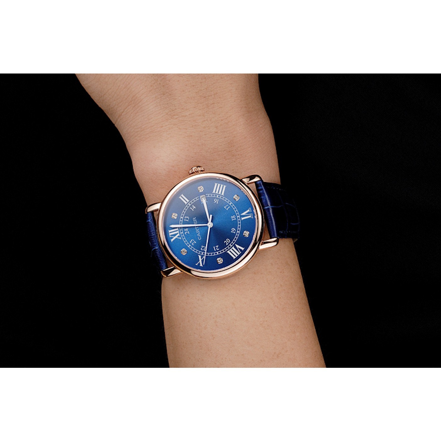 MiroTime Cartier Ronde Solo Blue Dial Diamond Hour Marks Rose Gold Case Blue Leather Strap