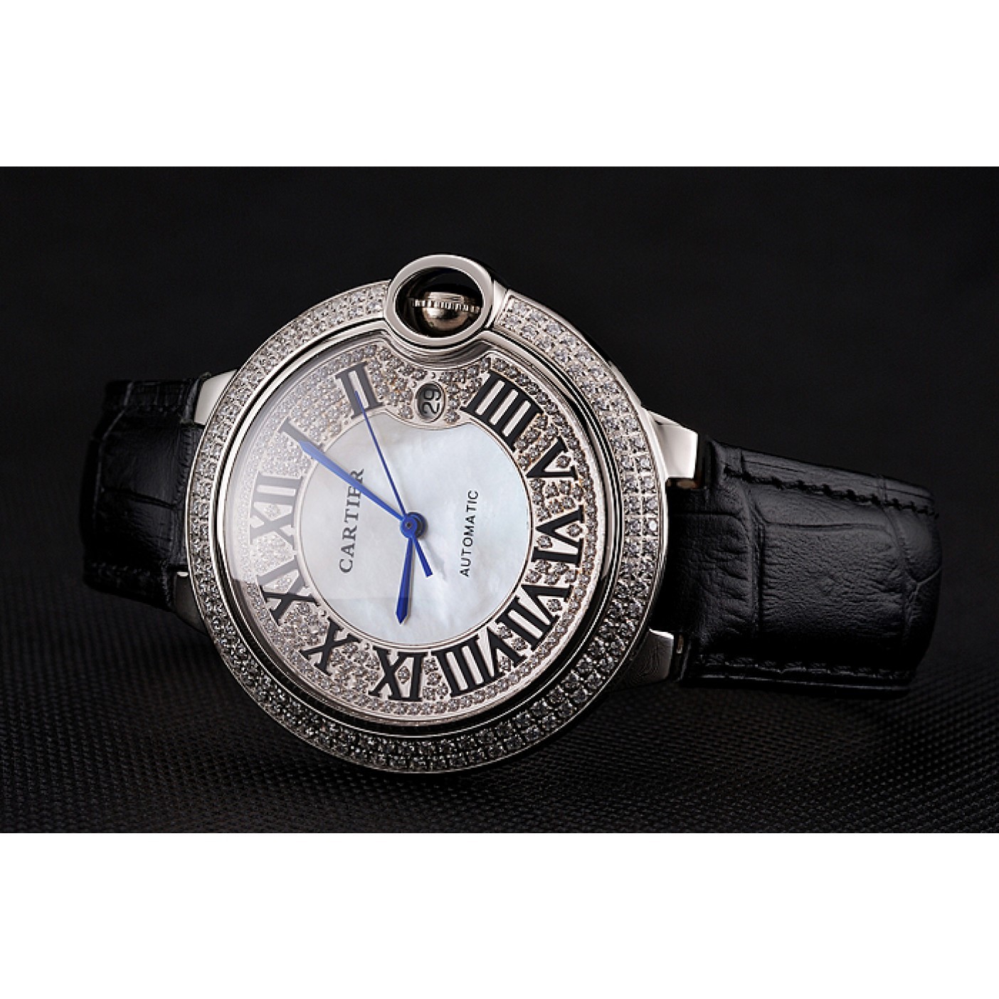 MiroTime Swiss Cartier Ballon Bleu 46 MM Diamond Dial Diamond Case Black Leather Bracelet 1453894