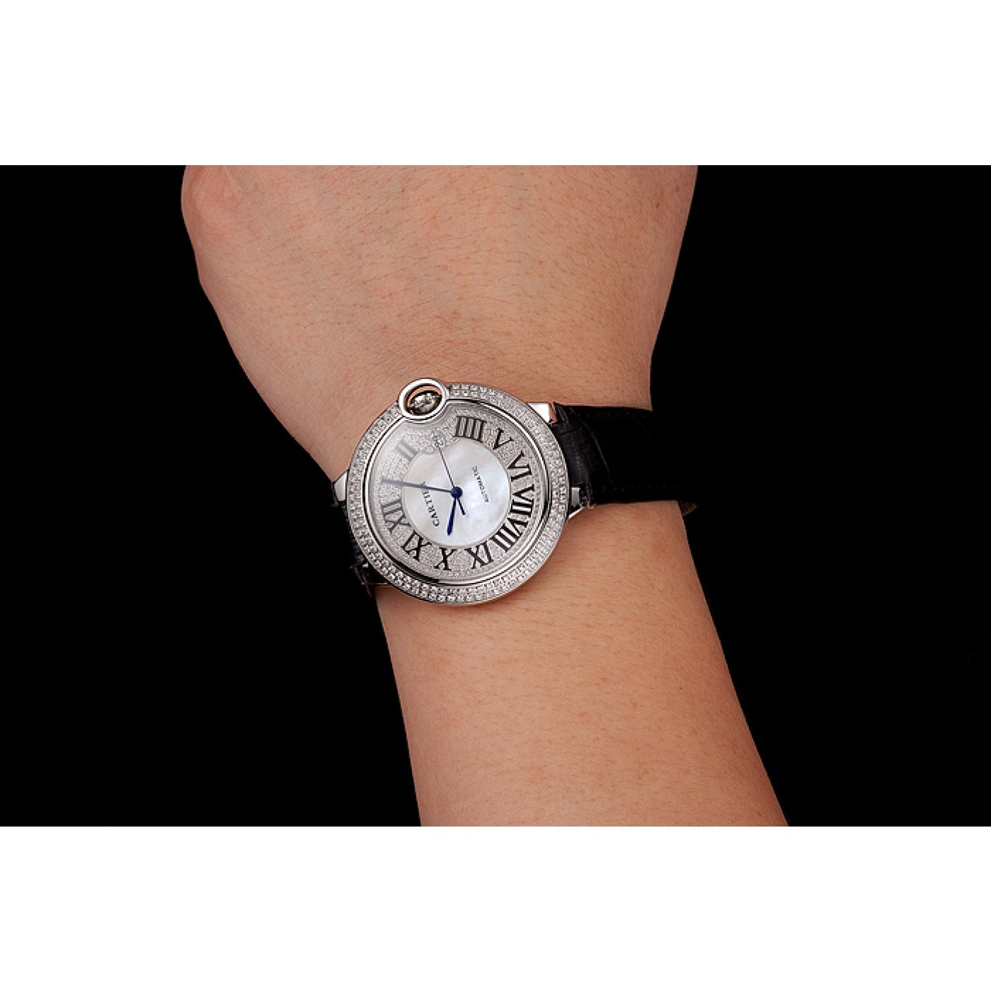 MiroTime Swiss Cartier Ballon Bleu 46 MM Diamond Dial Diamond Case Black Leather Bracelet 1453894