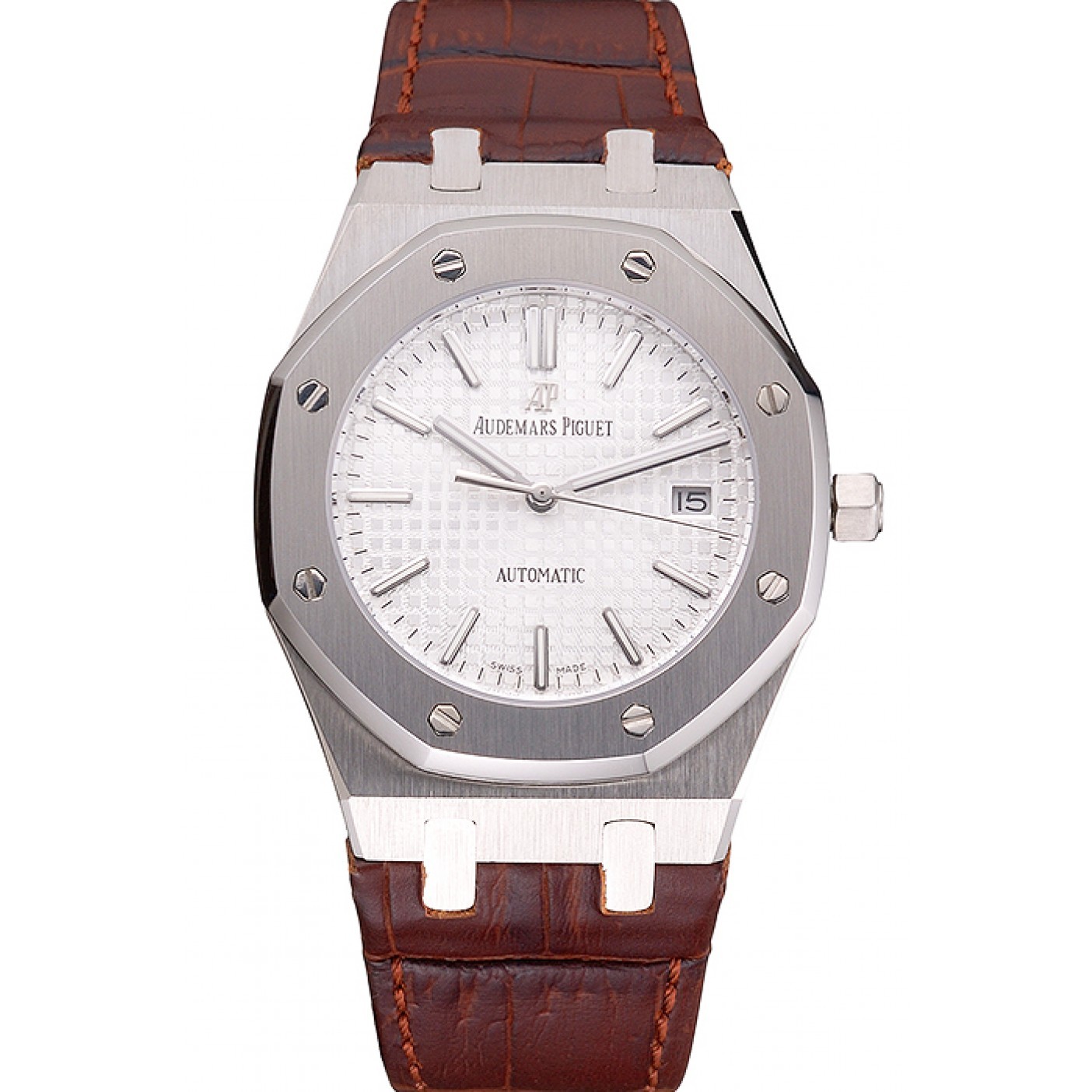 MiroTime Swiss Audemars Piguet Royal Oak White Dial Stainless Steel Case Brown Leather Strap