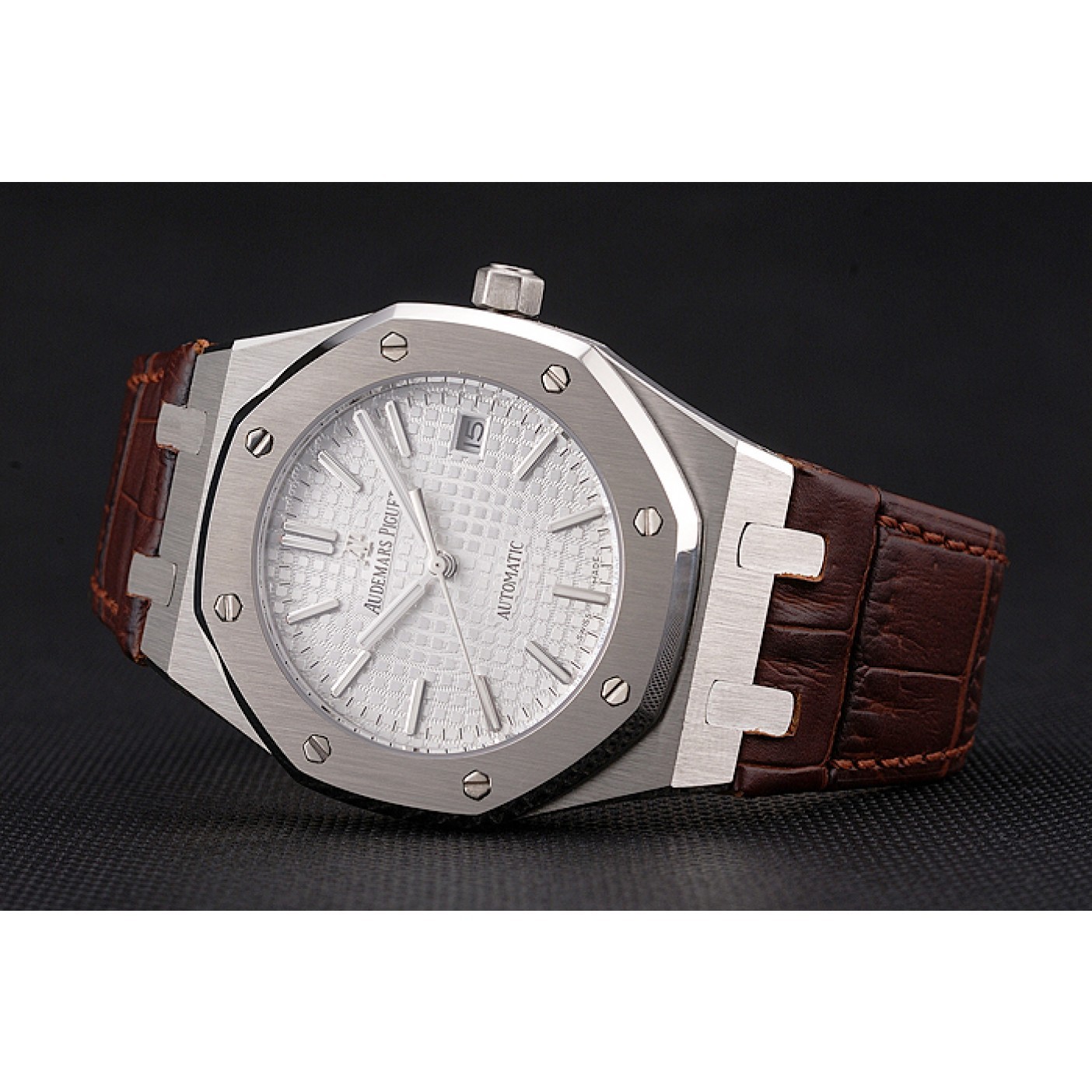 MiroTime Swiss Audemars Piguet Royal Oak White Dial Stainless Steel Case Brown Leather Strap