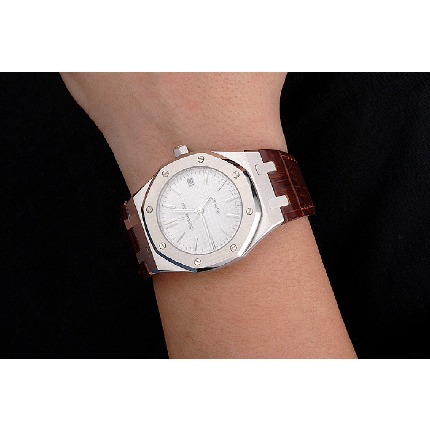 MiroTime Swiss Audemars Piguet Royal Oak White Dial Stainless Steel Case Brown Leather Strap
