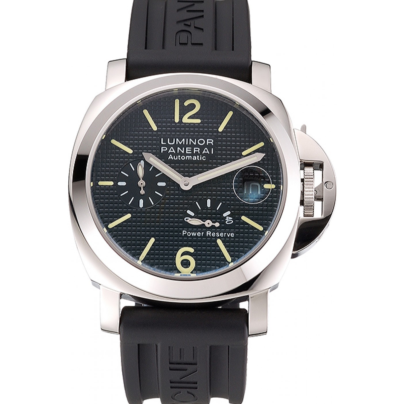 MiroTime Panerai Luminor Power Reserve Black Hobnail Pattern Dial Stainless Stel Case Black Rubber Strap