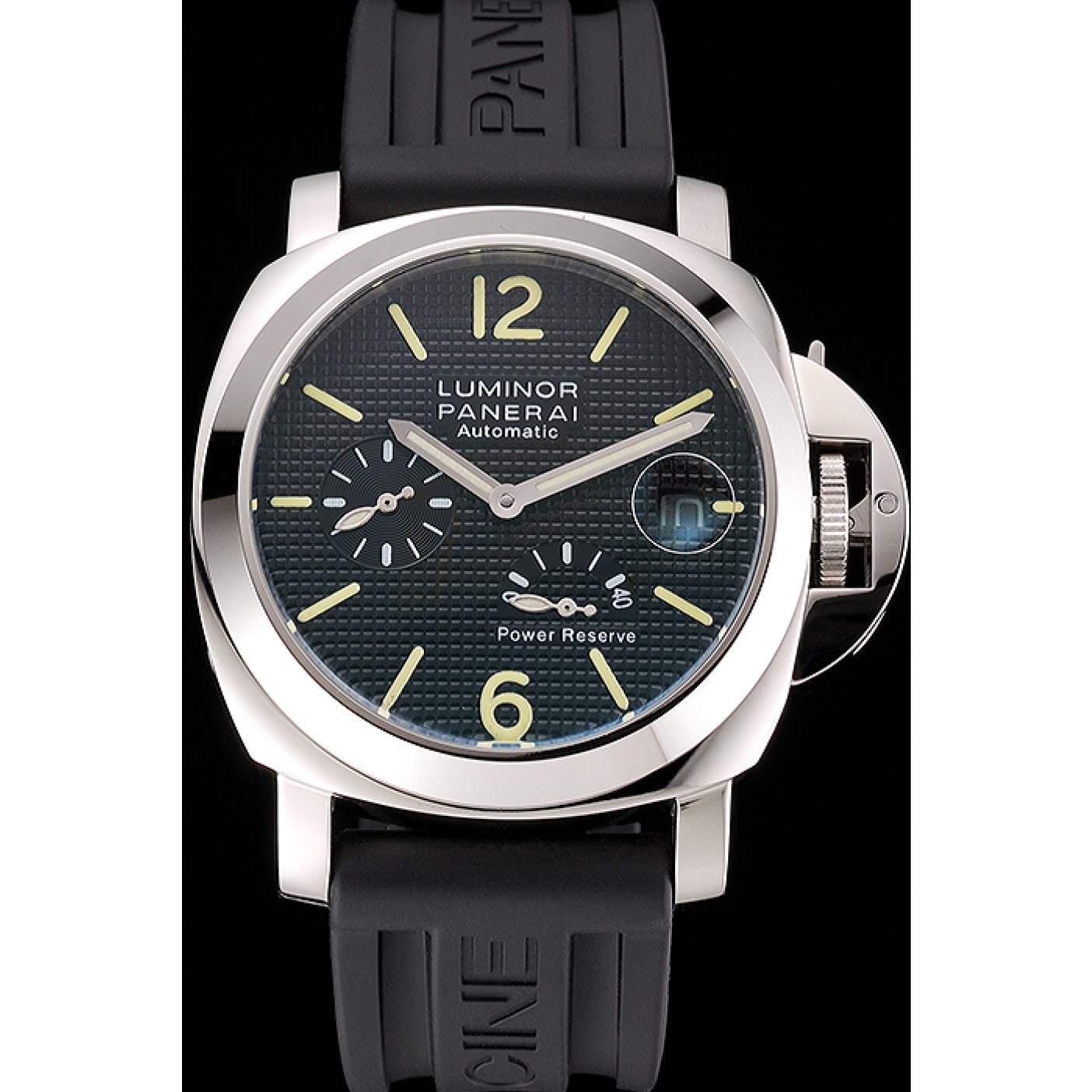 MiroTime Panerai Luminor Power Reserve Black Hobnail Pattern Dial Stainless Stel Case Black Rubber Strap