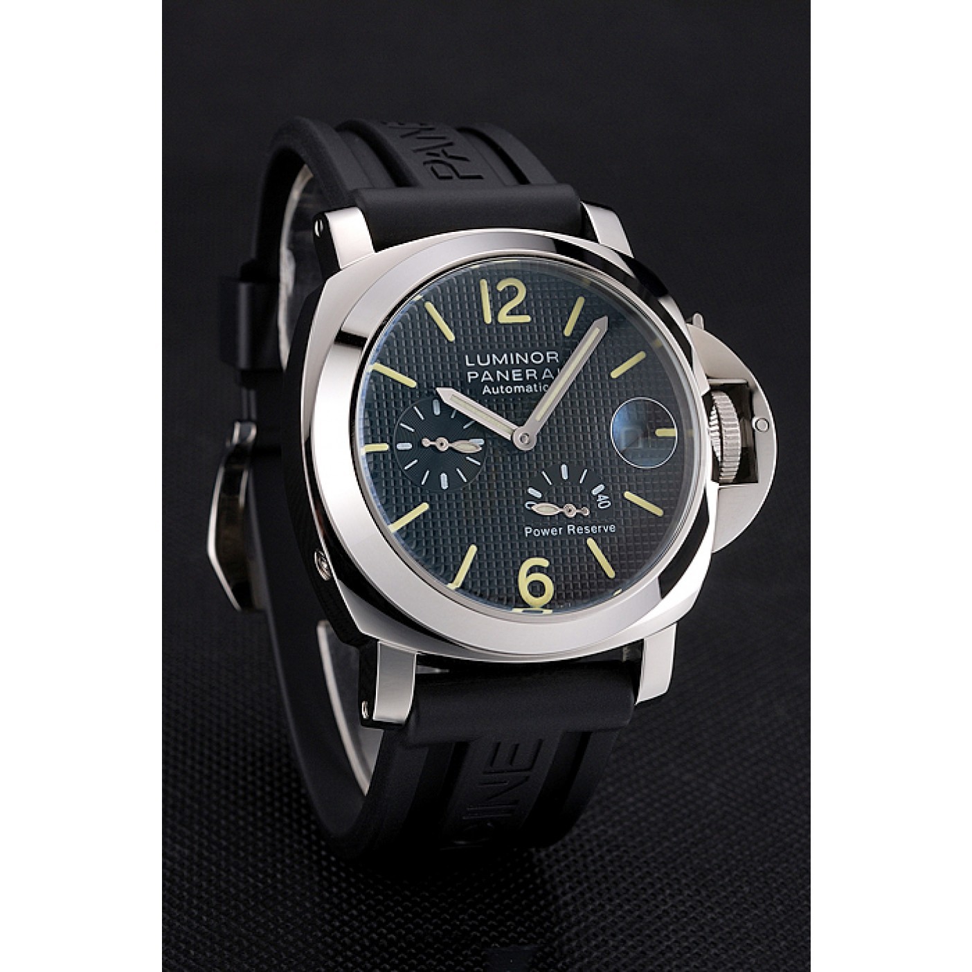 MiroTime Panerai Luminor Power Reserve Black Hobnail Pattern Dial Stainless Stel Case Black Rubber Strap