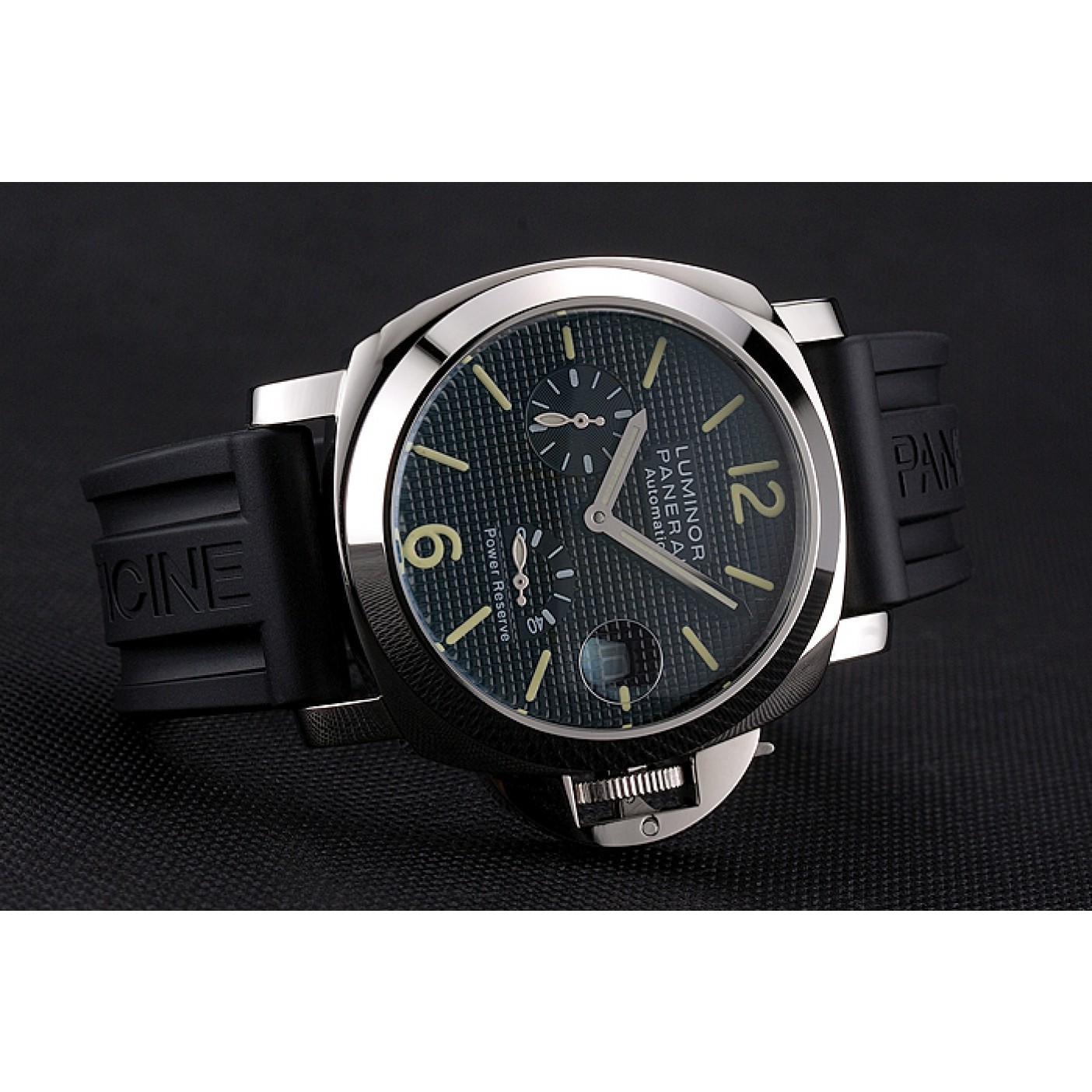 MiroTime Panerai Luminor Power Reserve Black Hobnail Pattern Dial Stainless Stel Case Black Rubber Strap