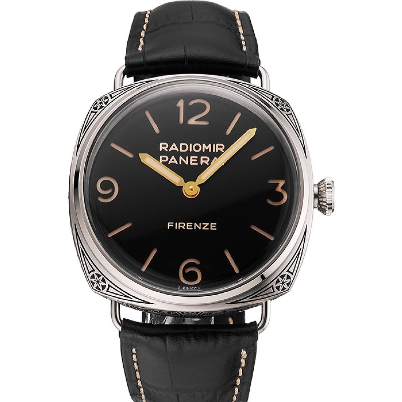 MiroTime Panerai Radiomir Firenze 3 Days Acciaio PAM604 Black Dial Engraved Stainless Stell Case Black Leather Strap