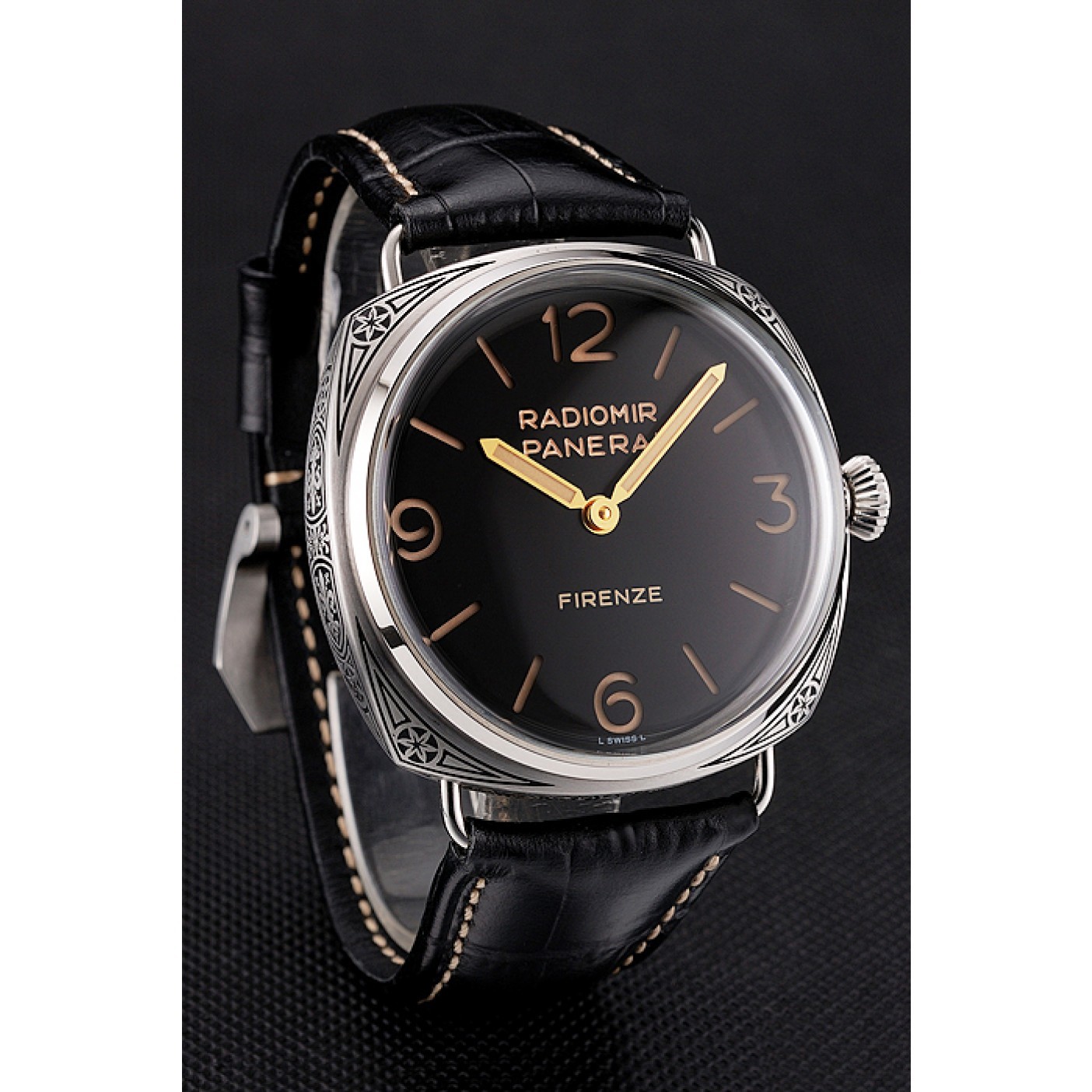 MiroTime Panerai Radiomir Firenze 3 Days Acciaio PAM604 Black Dial Engraved Stainless Stell Case Black Leather Strap