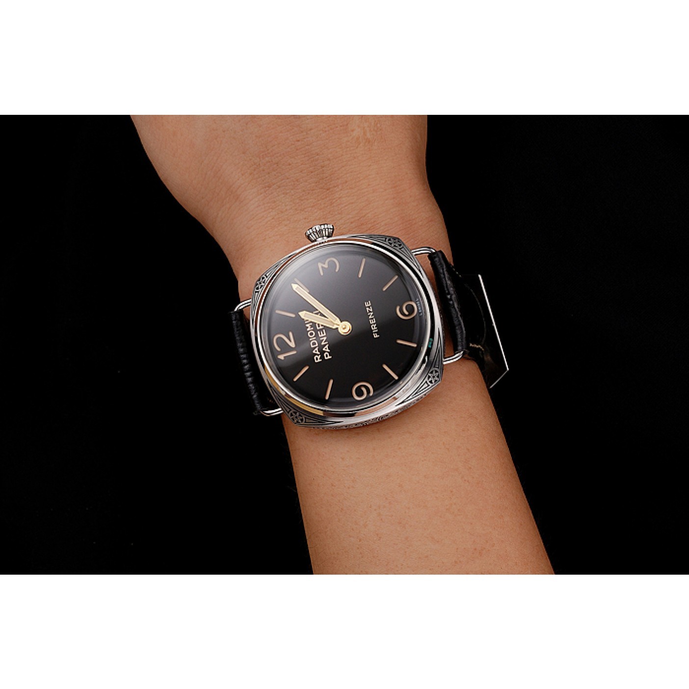 MiroTime Panerai Radiomir Firenze 3 Days Acciaio PAM604 Black Dial Engraved Stainless Stell Case Black Leather Strap
