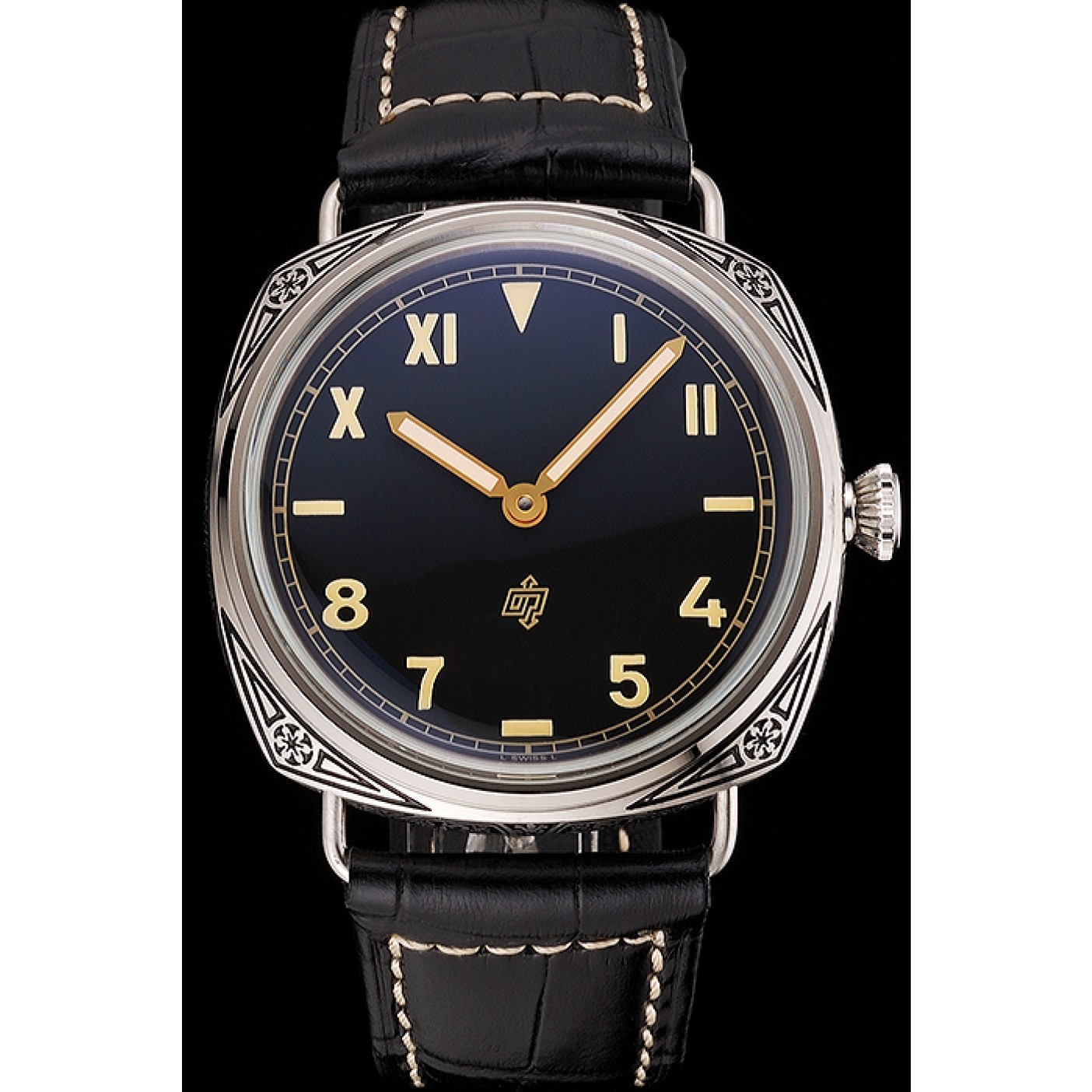 MiroTime Panerai Radiomir Firenze PAM604 Black Dial Roman Numerals Engraved Stainless Steel Case Black Leather Strap