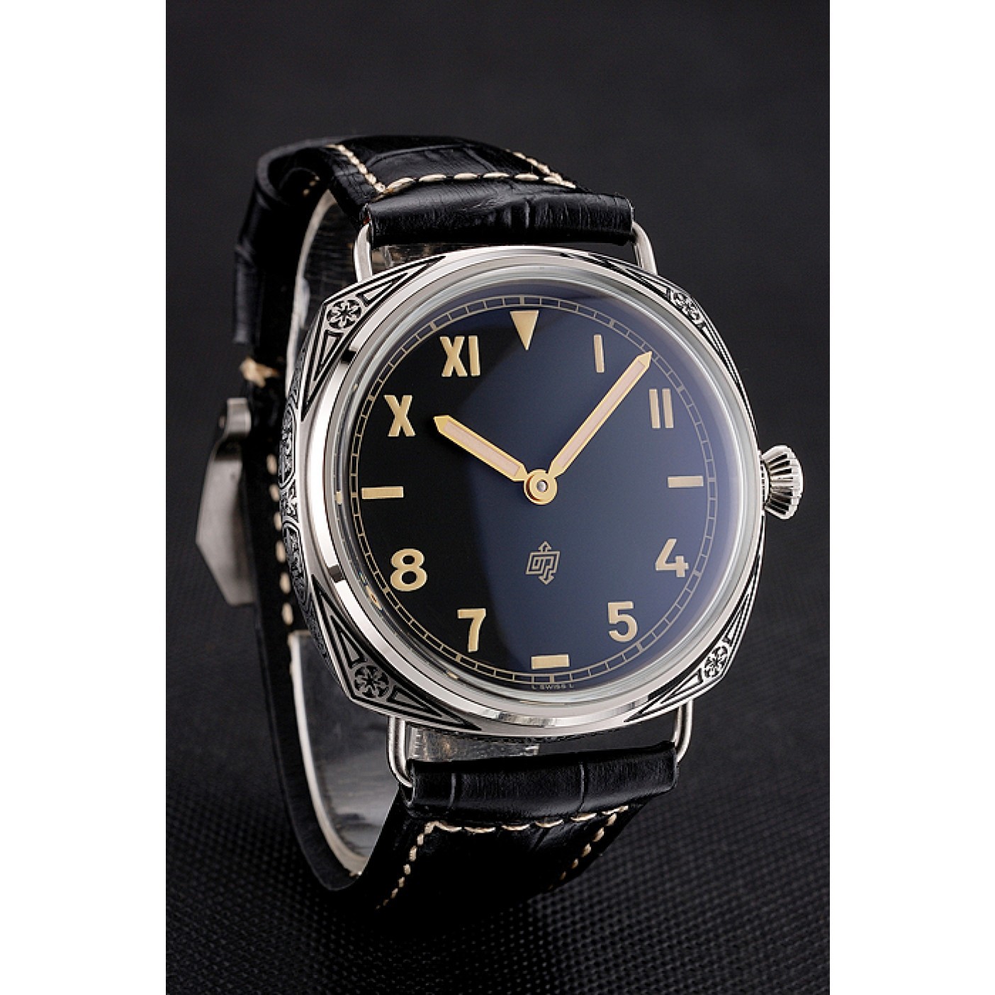 MiroTime Panerai Radiomir Firenze PAM604 Black Dial Roman Numerals Engraved Stainless Steel Case Black Leather Strap