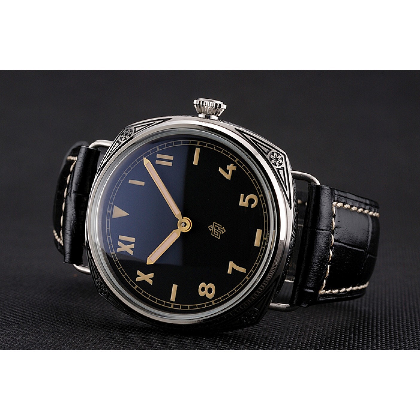 MiroTime Panerai Radiomir Firenze PAM604 Black Dial Roman Numerals Engraved Stainless Steel Case Black Leather Strap