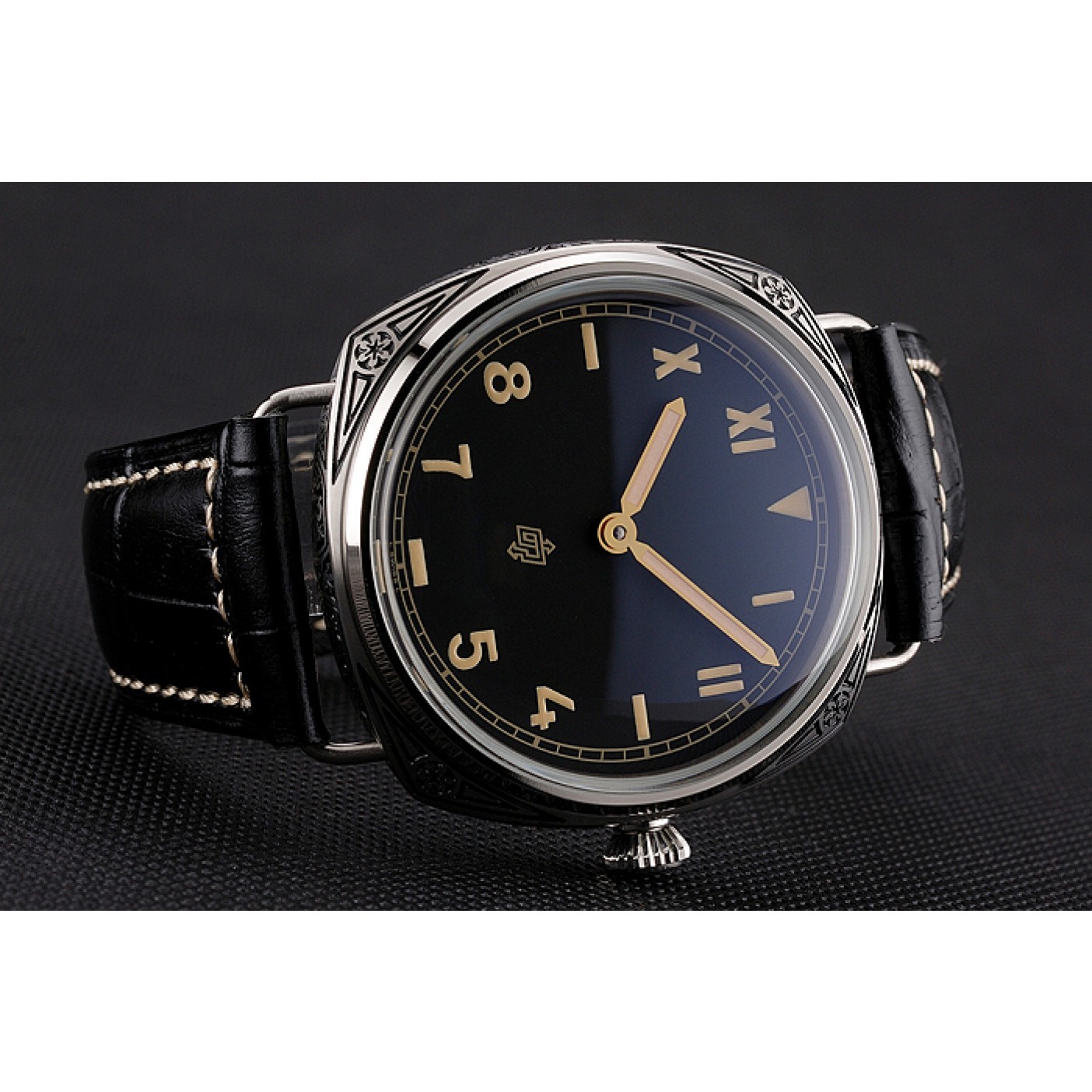 MiroTime Panerai Radiomir Firenze PAM604 Black Dial Roman Numerals Engraved Stainless Steel Case Black Leather Strap