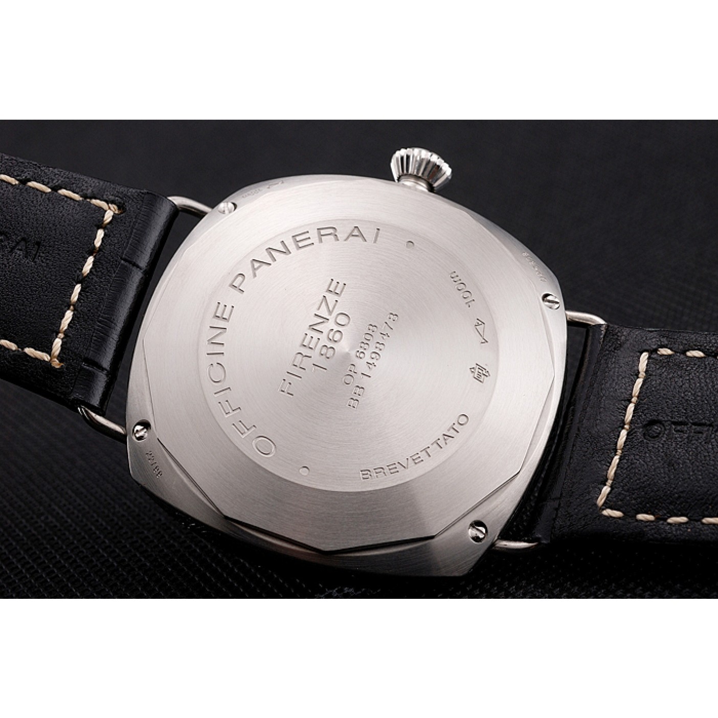 MiroTime Panerai Radiomir Firenze PAM604 Black Dial Roman Numerals Engraved Stainless Steel Case Black Leather Strap