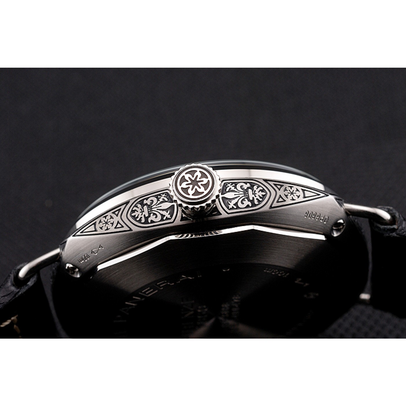 MiroTime Panerai Radiomir Firenze PAM604 Black Dial Roman Numerals Engraved Stainless Steel Case Black Leather Strap