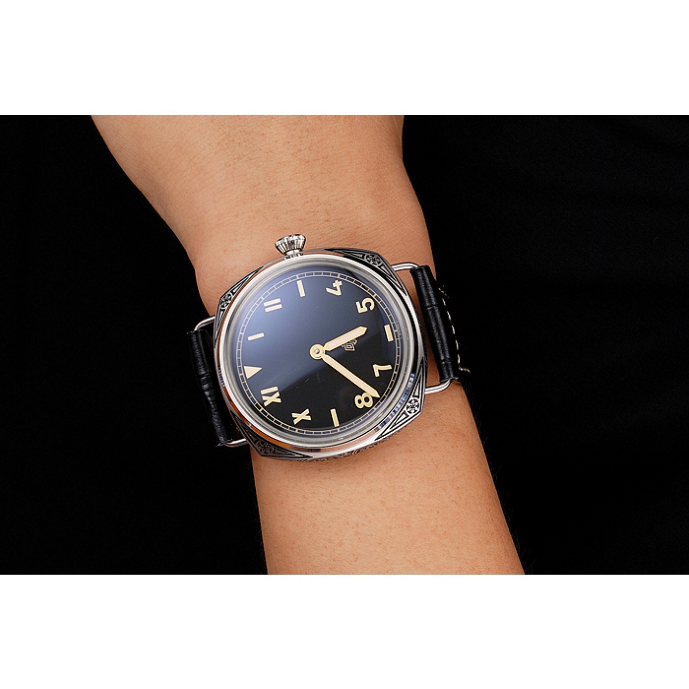 MiroTime Panerai Radiomir Firenze PAM604 Black Dial Roman Numerals Engraved Stainless Steel Case Black Leather Strap