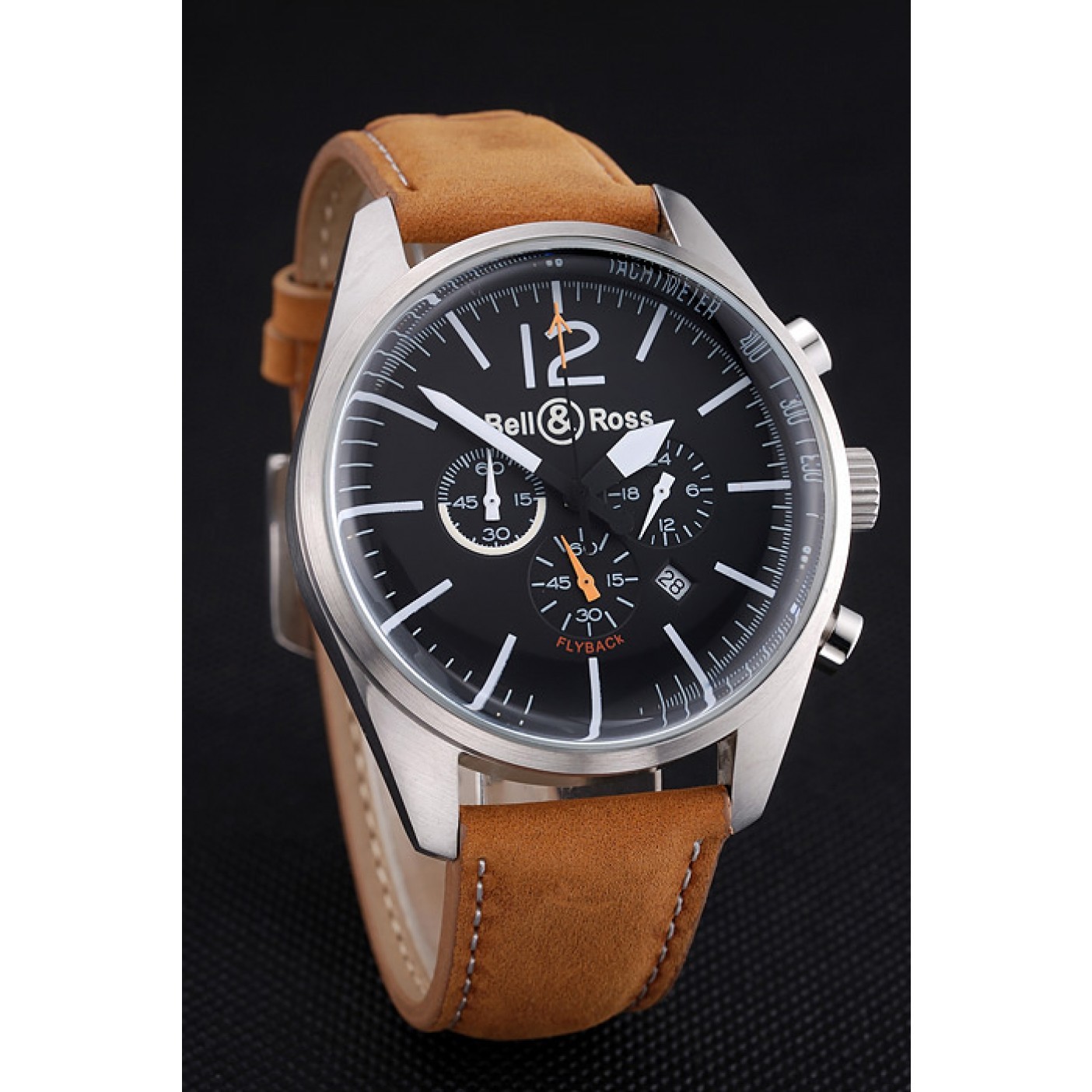 MiroTime Bell and Ross BR126 Flyback Black Dial Silver Case Brown Suede Leather Strap