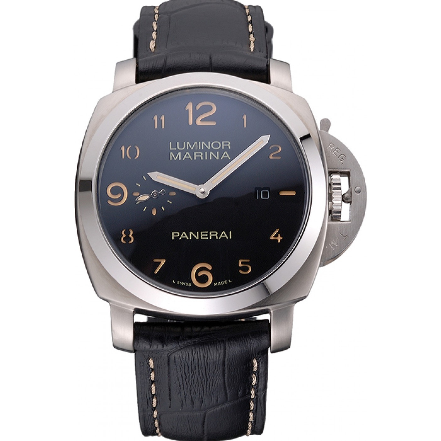 MiroTime Panerai Luminor Marina 1950 Black Dial Brushed Steel Case Black Embossed Leather Strap