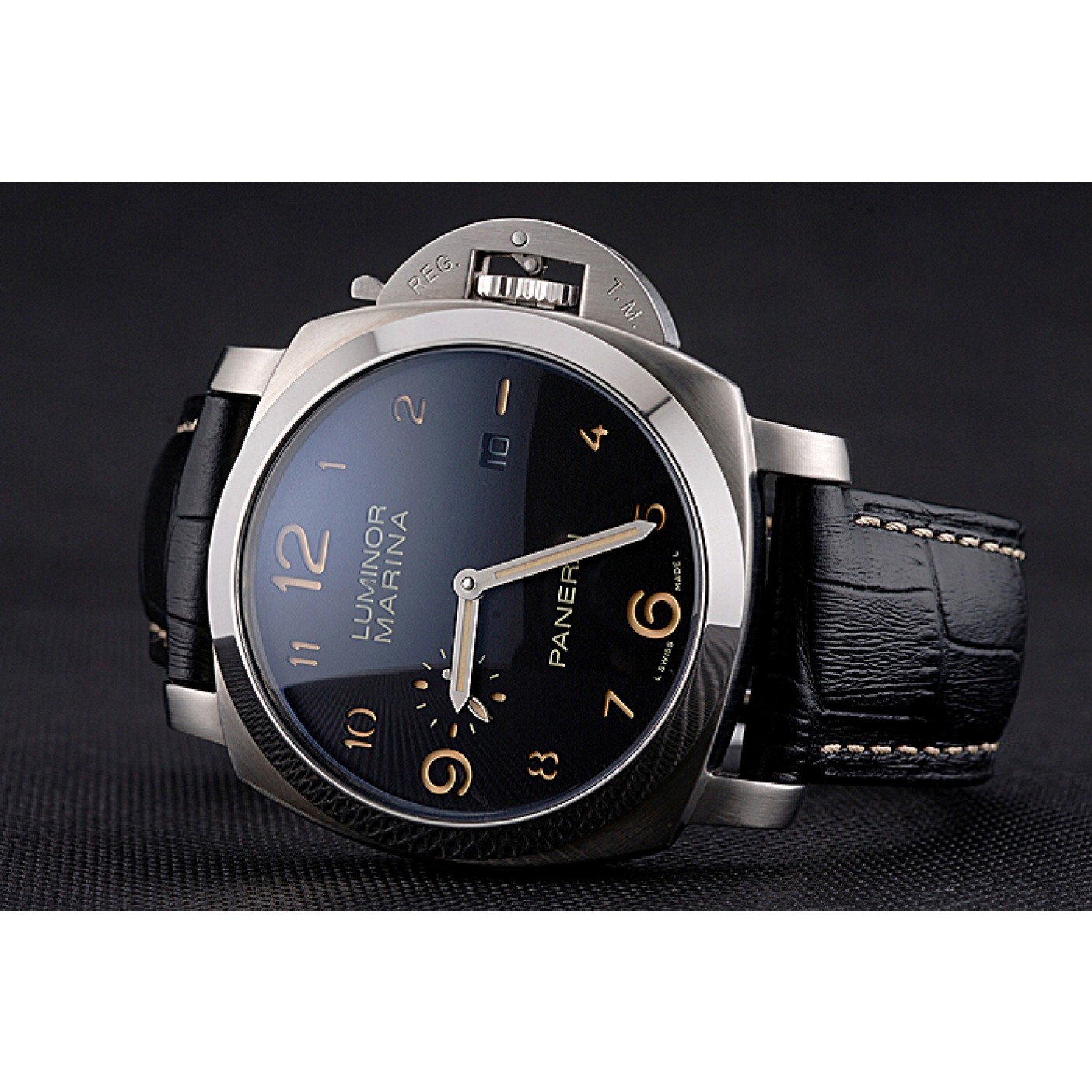 MiroTime Panerai Luminor Marina 1950 Black Dial Brushed Steel Case Black Embossed Leather Strap