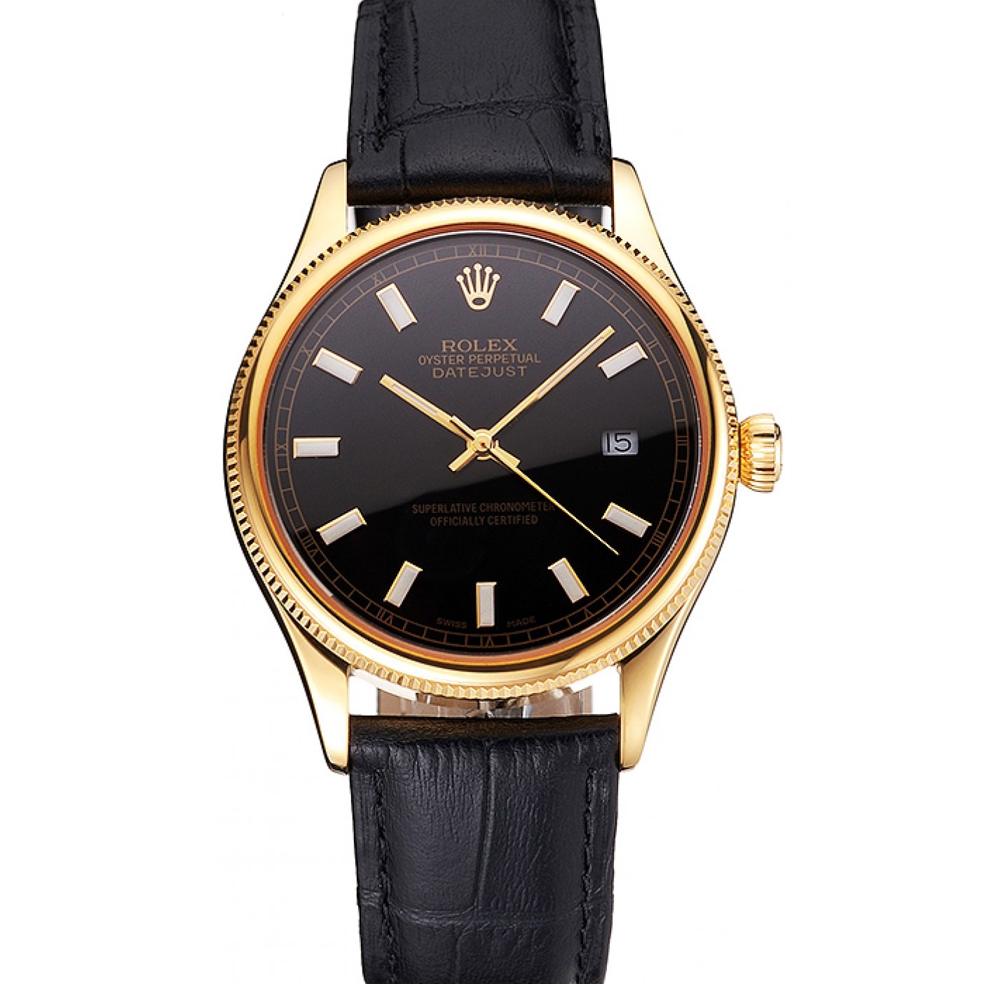 MiroTime Swiss Rolex Datejust Black Dial Gold Case Black Leather Strap