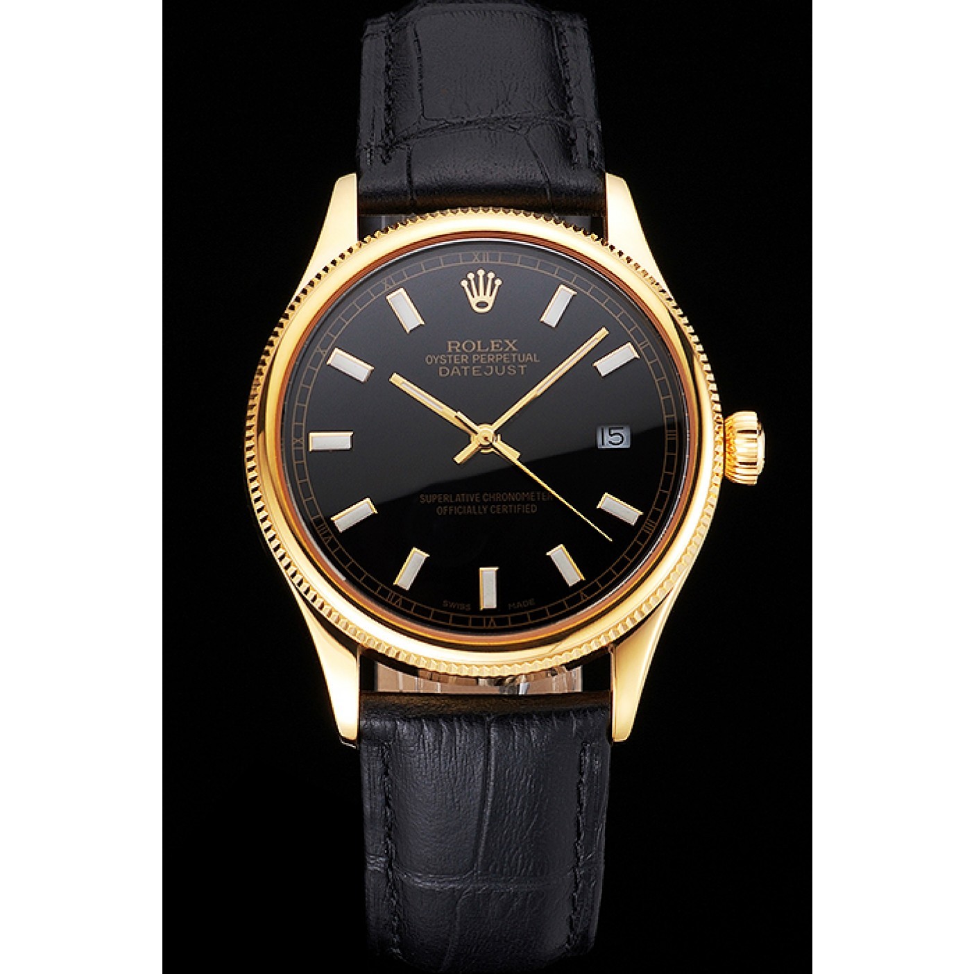 MiroTime Swiss Rolex Datejust Black Dial Gold Case Black Leather Strap