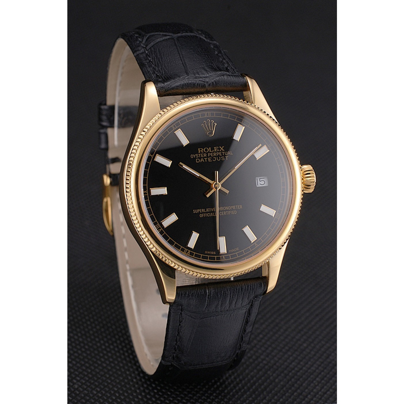 MiroTime Swiss Rolex Datejust Black Dial Gold Case Black Leather Strap