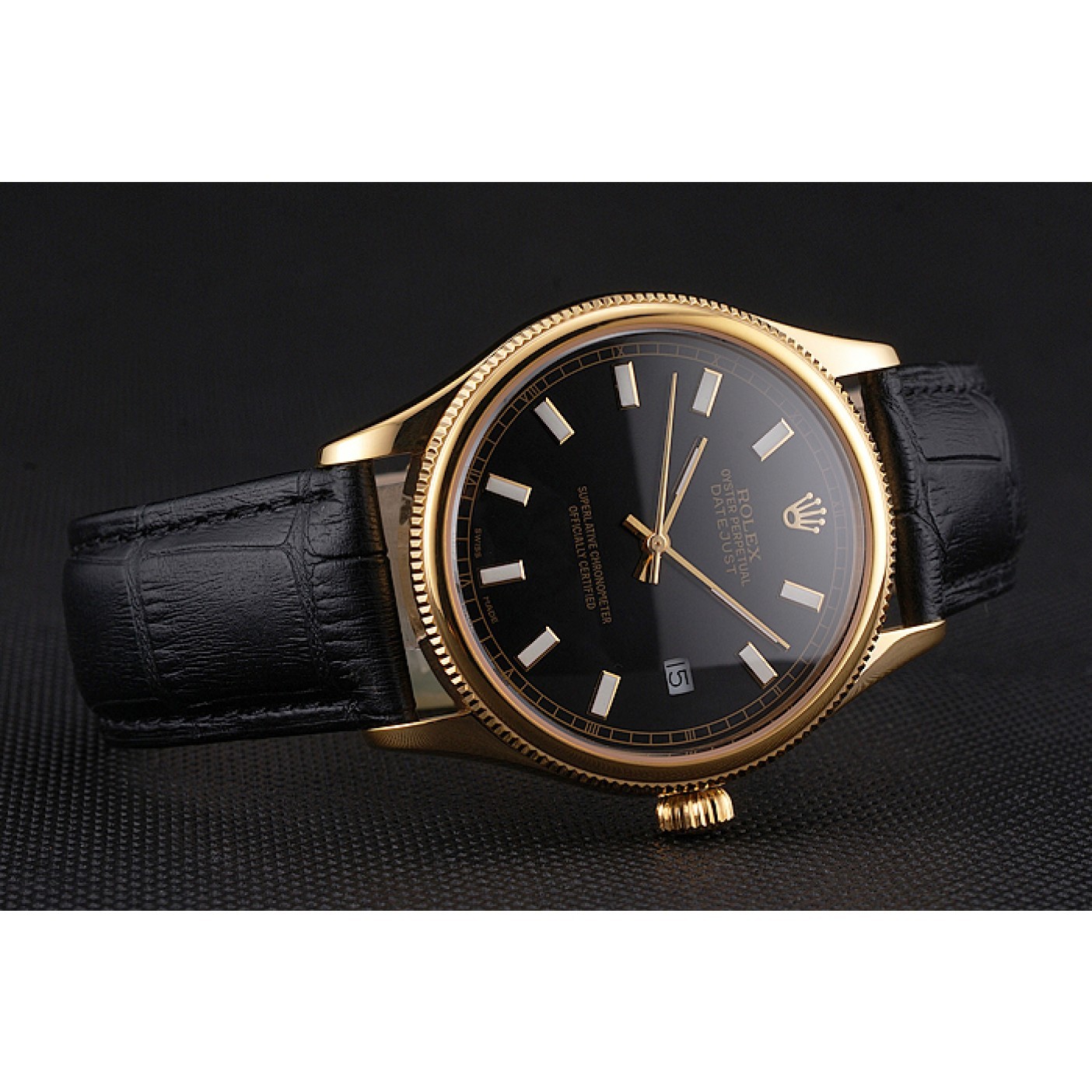 MiroTime Swiss Rolex Datejust Black Dial Gold Case Black Leather Strap