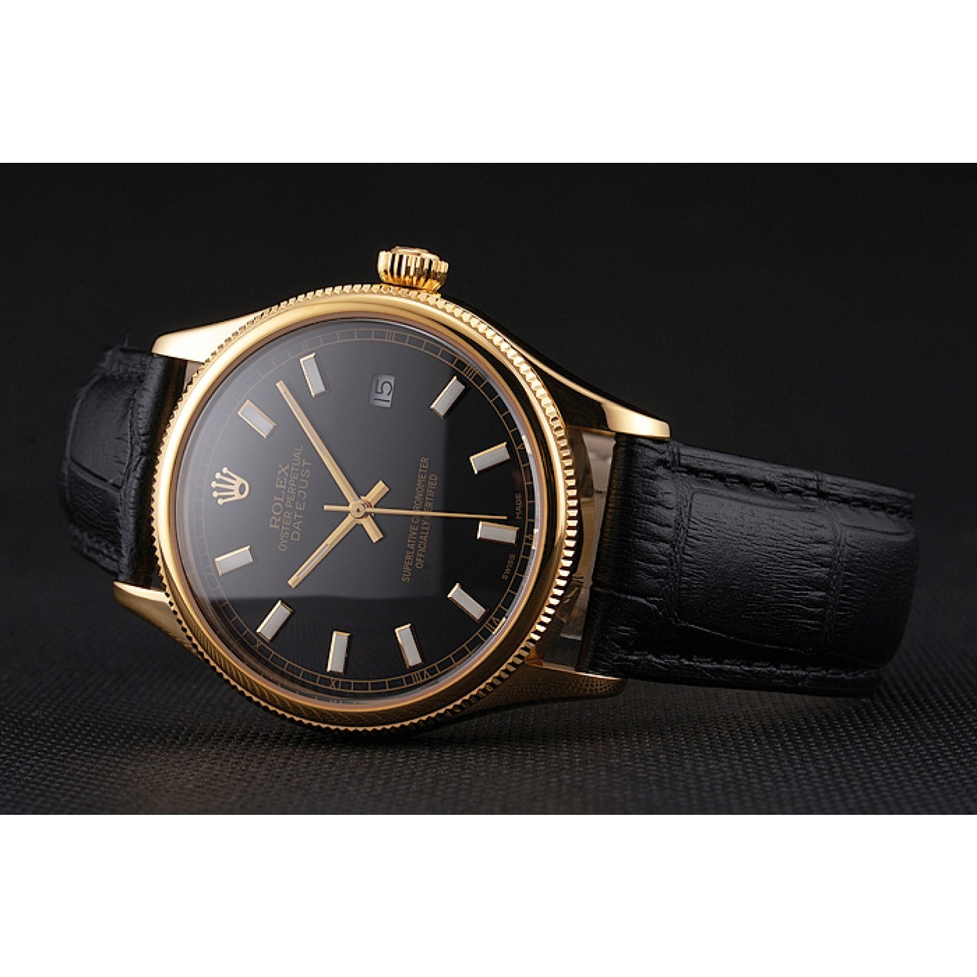 MiroTime Swiss Rolex Datejust Black Dial Gold Case Black Leather Strap