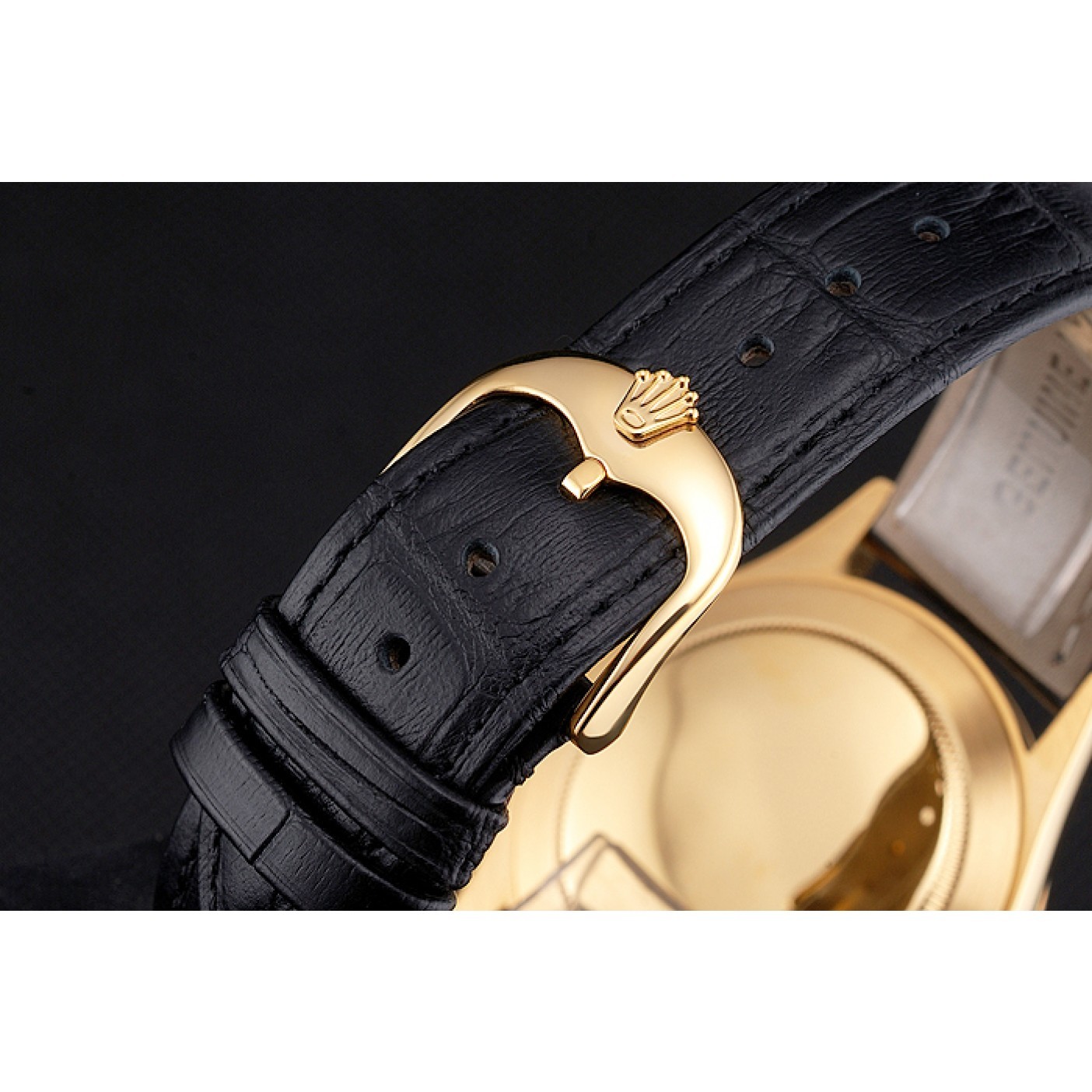 MiroTime Swiss Rolex Datejust Black Dial Gold Case Black Leather Strap