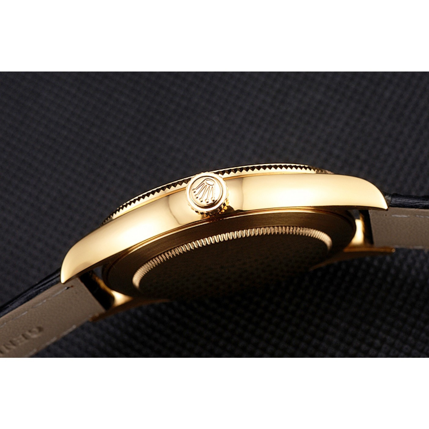 MiroTime Swiss Rolex Datejust Black Dial Gold Case Black Leather Strap