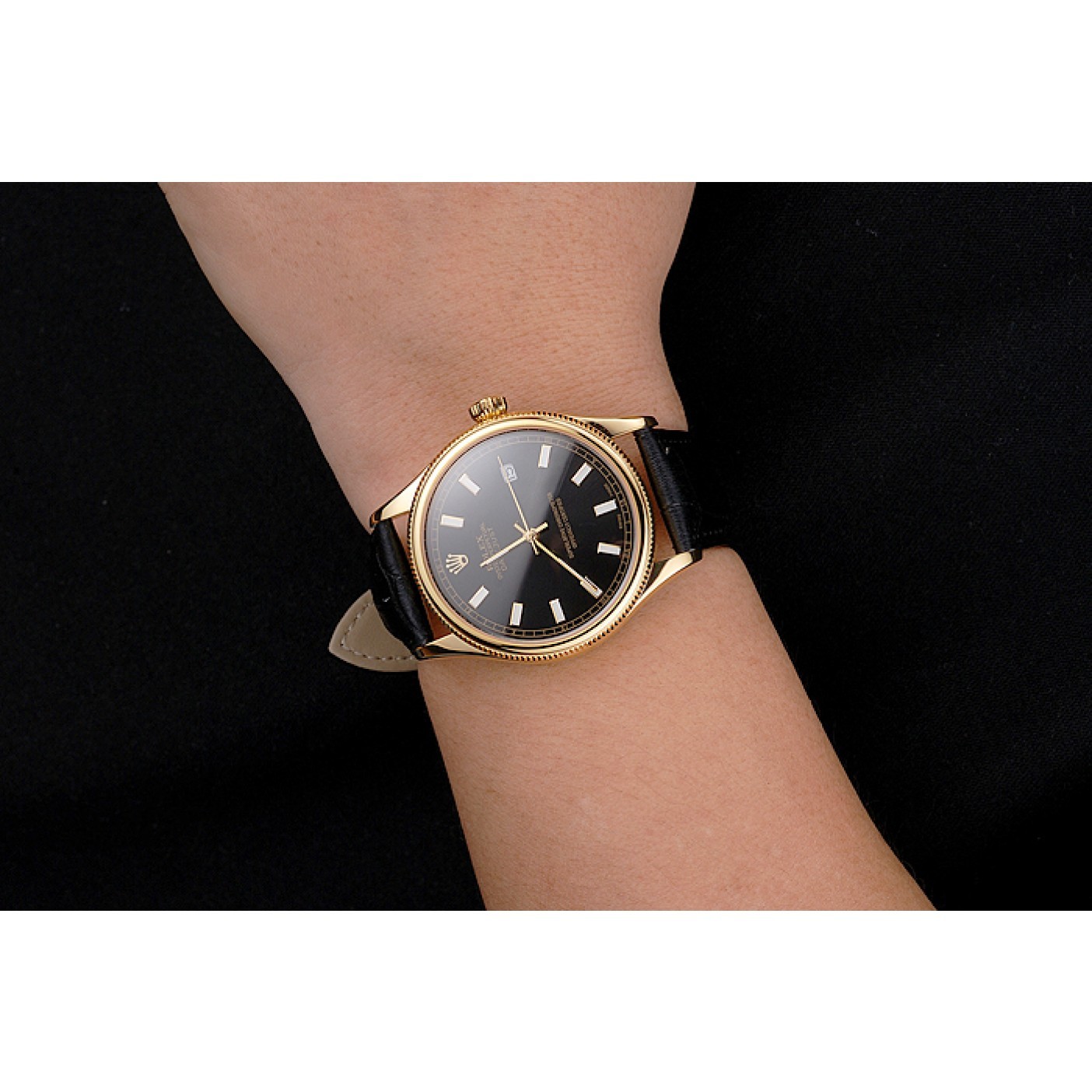 MiroTime Swiss Rolex Datejust Black Dial Gold Case Black Leather Strap
