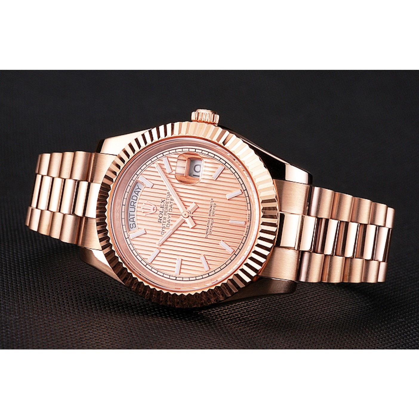 MiroTime Swiss Rolex Day Date 40 Rose Gold Etched Dial Rose Gold Case And Bracelet