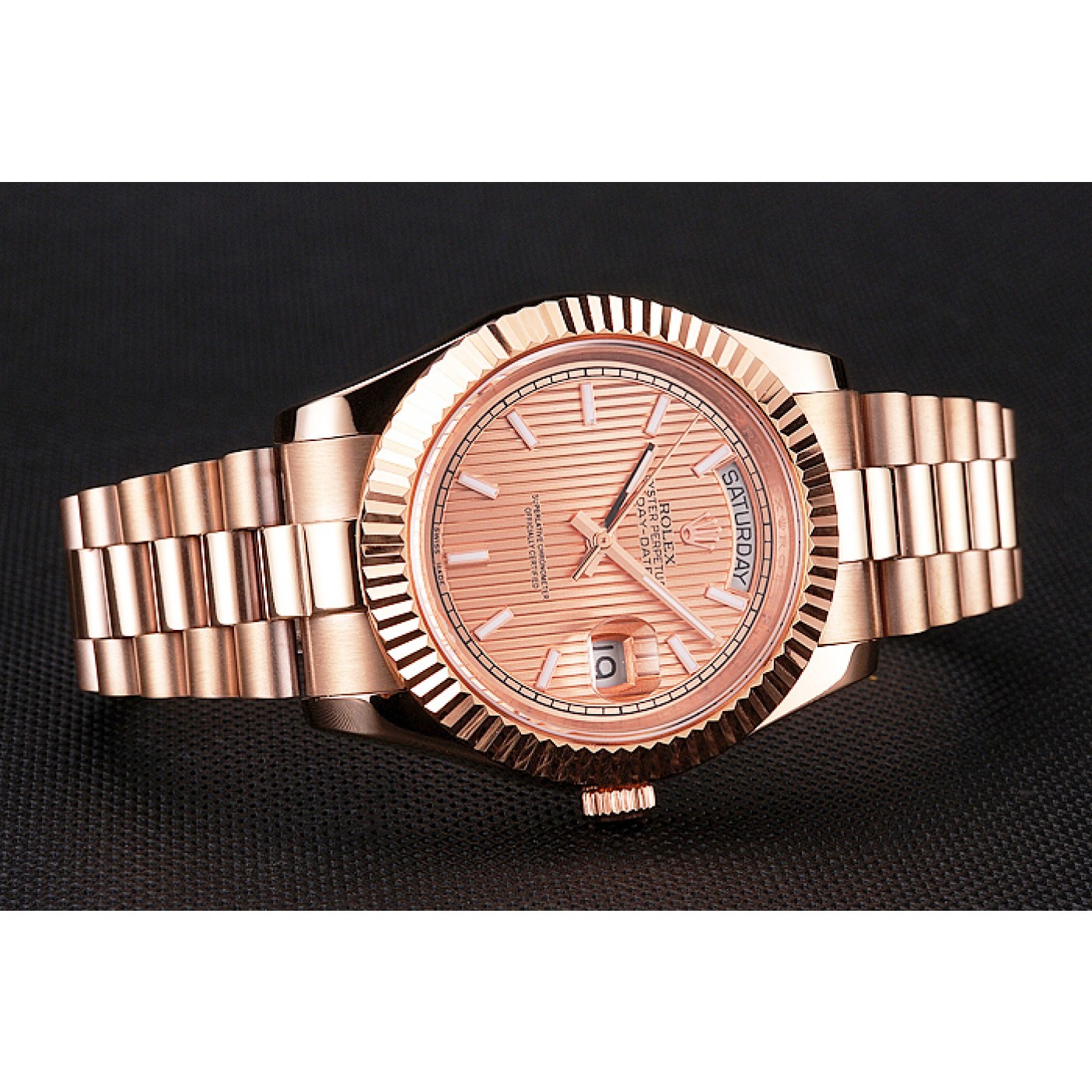 MiroTime Swiss Rolex Day Date 40 Rose Gold Etched Dial Rose Gold Case And Bracelet
