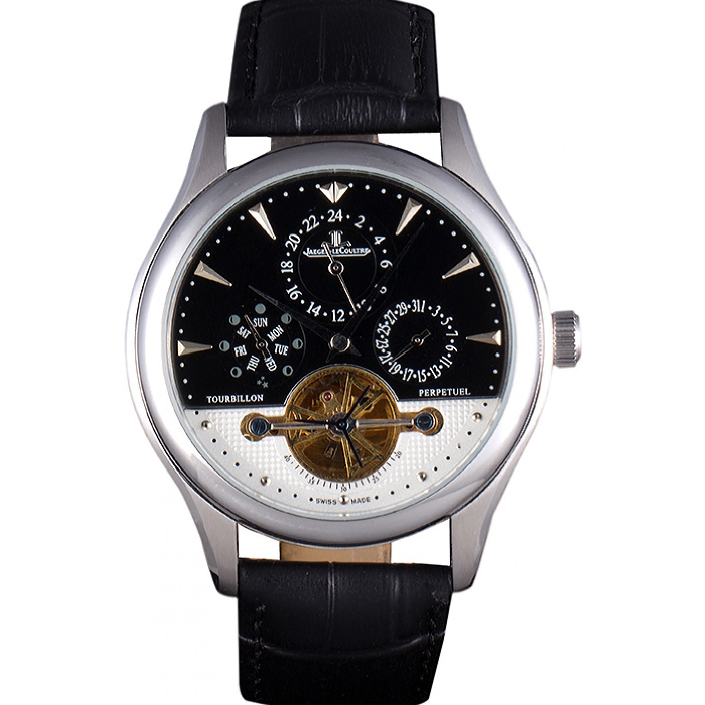 MiroTime Jaeger Lecoultre Tourbillon Perpetuel Silver Bezel Black Leather Band 621614