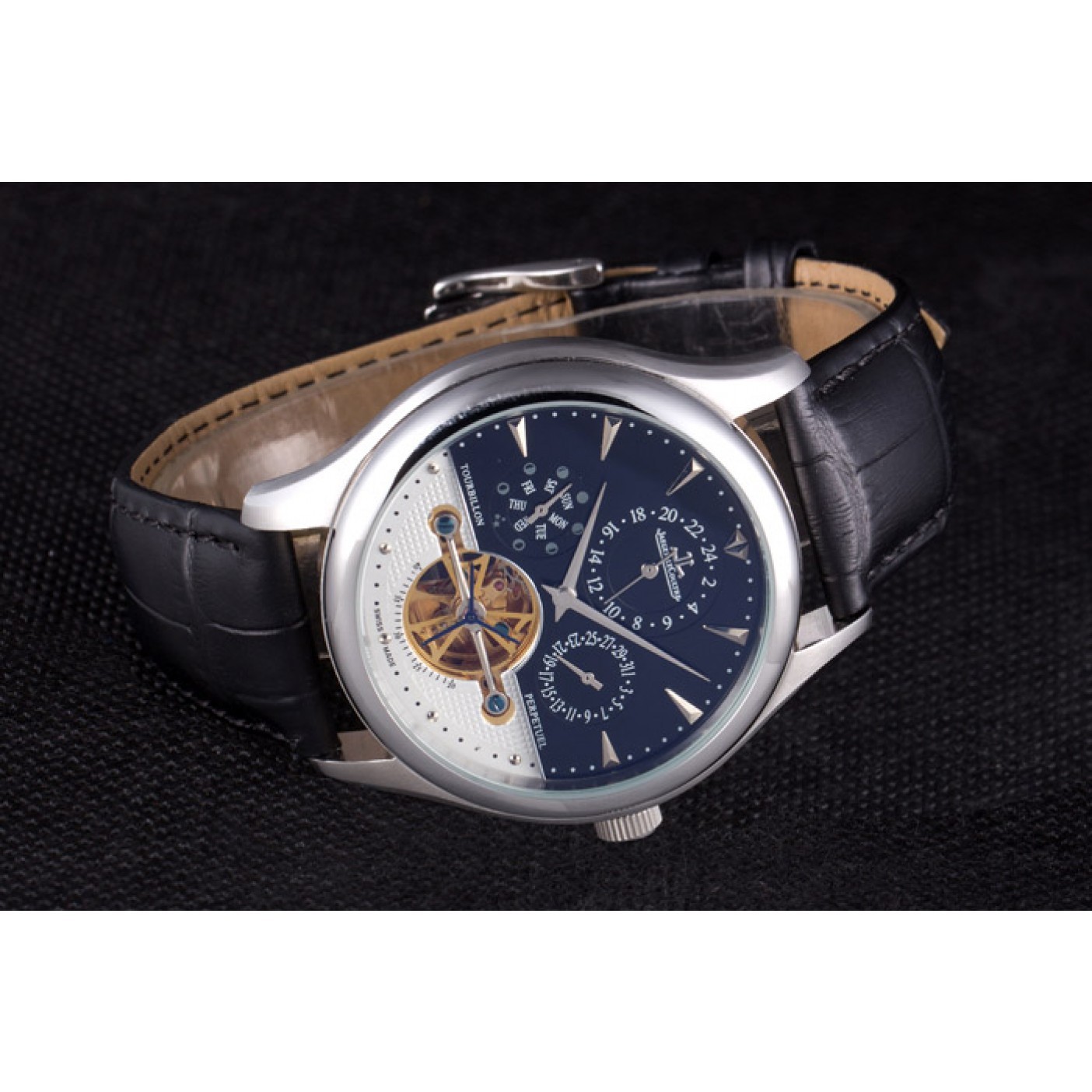 MiroTime Jaeger Lecoultre Tourbillon Perpetuel Silver Bezel Black Leather Band 621614