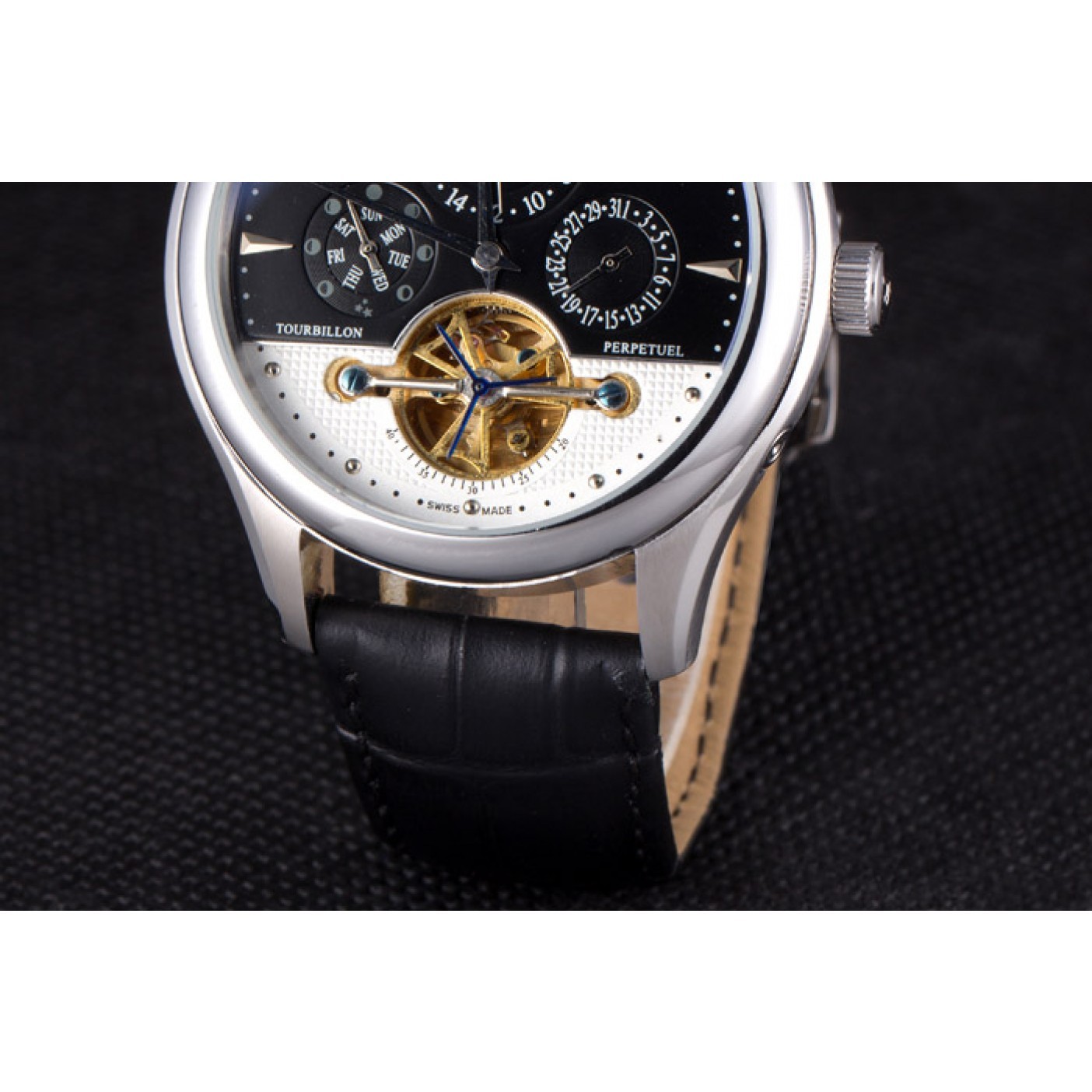 MiroTime Jaeger Lecoultre Tourbillon Perpetuel Silver Bezel Black Leather Band 621614
