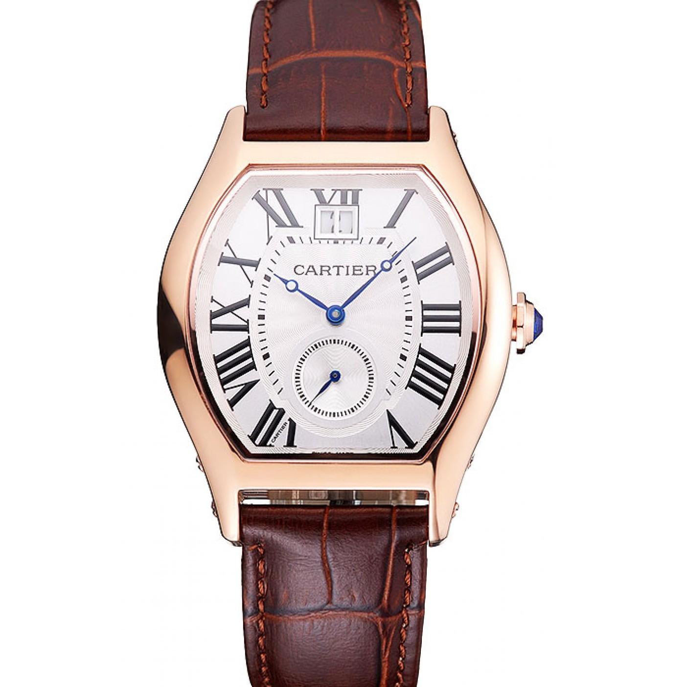 MiroTime Cartier Tortue Large Date White Dial Gold Case Brown Leather Strap